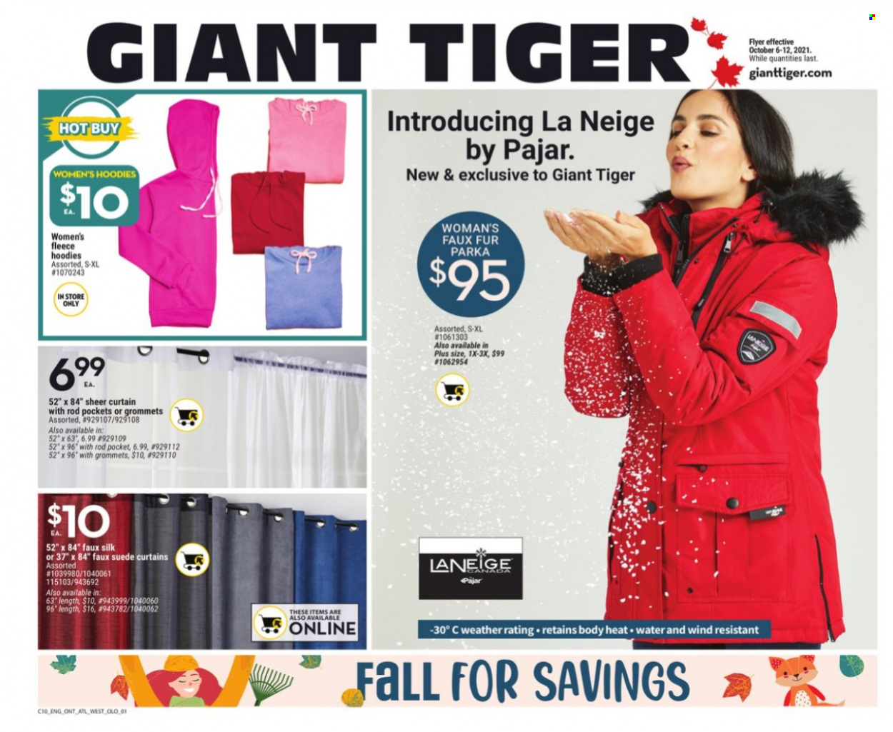 thumbnail - Giant Tiger Flyer - October 06, 2021 - October 12, 2021 - Sales products - Silk, curtain, hoodie, parka. Page 1.