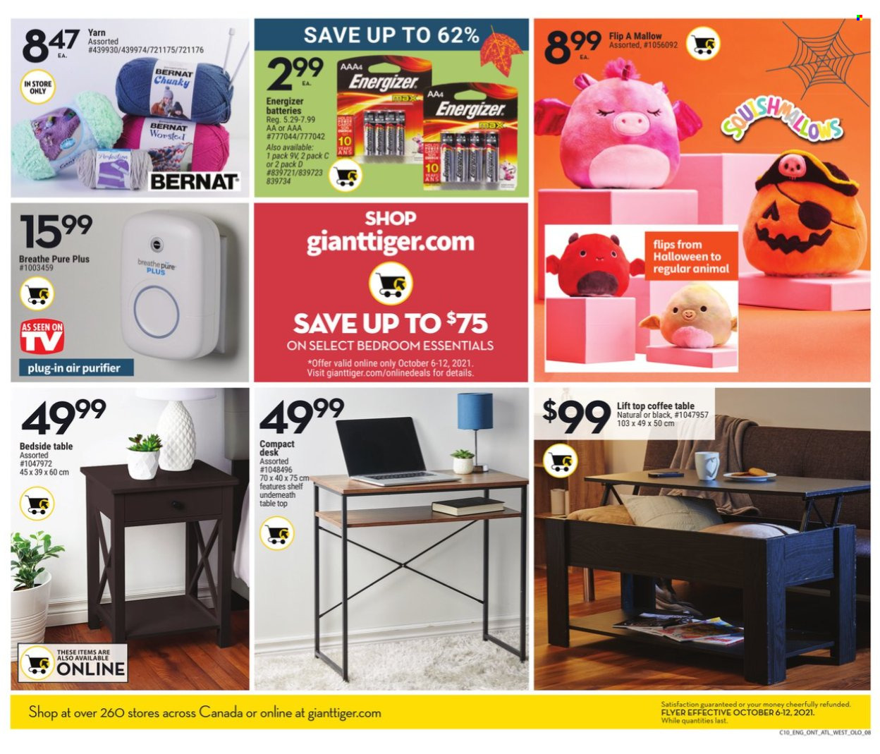thumbnail - Giant Tiger Flyer - October 06, 2021 - October 12, 2021 - Sales products - battery, air purifier, table, coffee table, shelves, bedside table, Halloween, Energizer. Page 8.