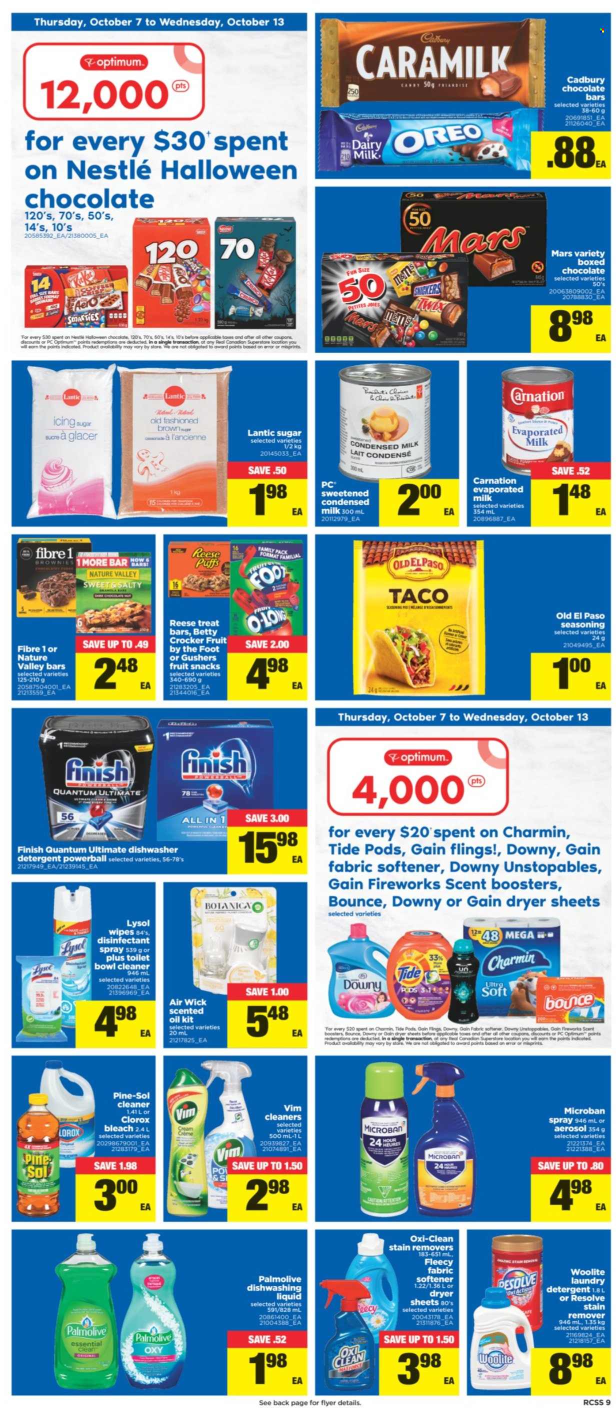 thumbnail - Real Canadian Superstore Flyer - October 07, 2021 - October 13, 2021 - Sales products - Old El Paso, puffs, brownies, evaporated milk, condensed milk, Mars, Cadbury, Dairy Milk, fruit snack, chocolate bar, sugar, Nature Valley, spice, oil, L'Or, wipes, Charmin, Gain, cleaner, bleach, Lysol, Clorox, Woolite, Pine-Sol, Tide, Unstopables, fabric softener, laundry detergent, Bounce, dryer sheets, scent booster, Gain Fireworks, dishwashing liquid, Finish Powerball, Finish Quantum Ultimate, Palmolive, antibacterial spray, Air Wick, scented oil, Optimum, Halloween, Oreo, Nestlé, detergent, Smarties, desinfection. Page 9.