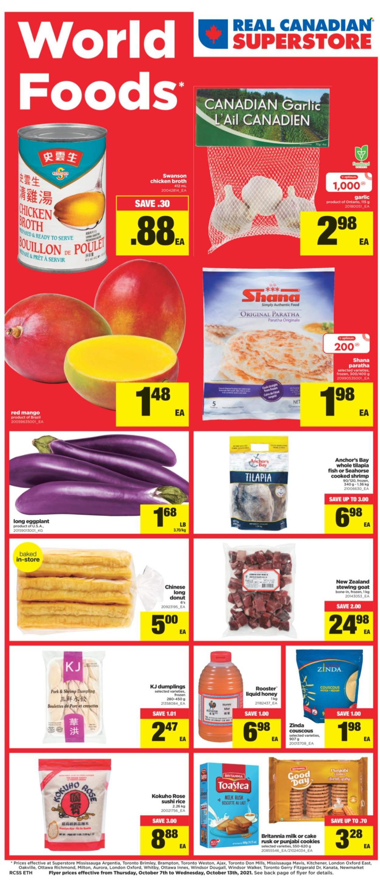 thumbnail - Real Canadian Superstore Flyer - October 07, 2021 - October 13, 2021 - Sales products - cake, donut, rusks, garlic, eggplant, mango, tilapia, fish, shrimps, dumplings, milk, Anchor, cookies, chicken broth, broth, rice, honey, rosé wine, Ajax, pin, Optimum, rose, couscous. Page 1.