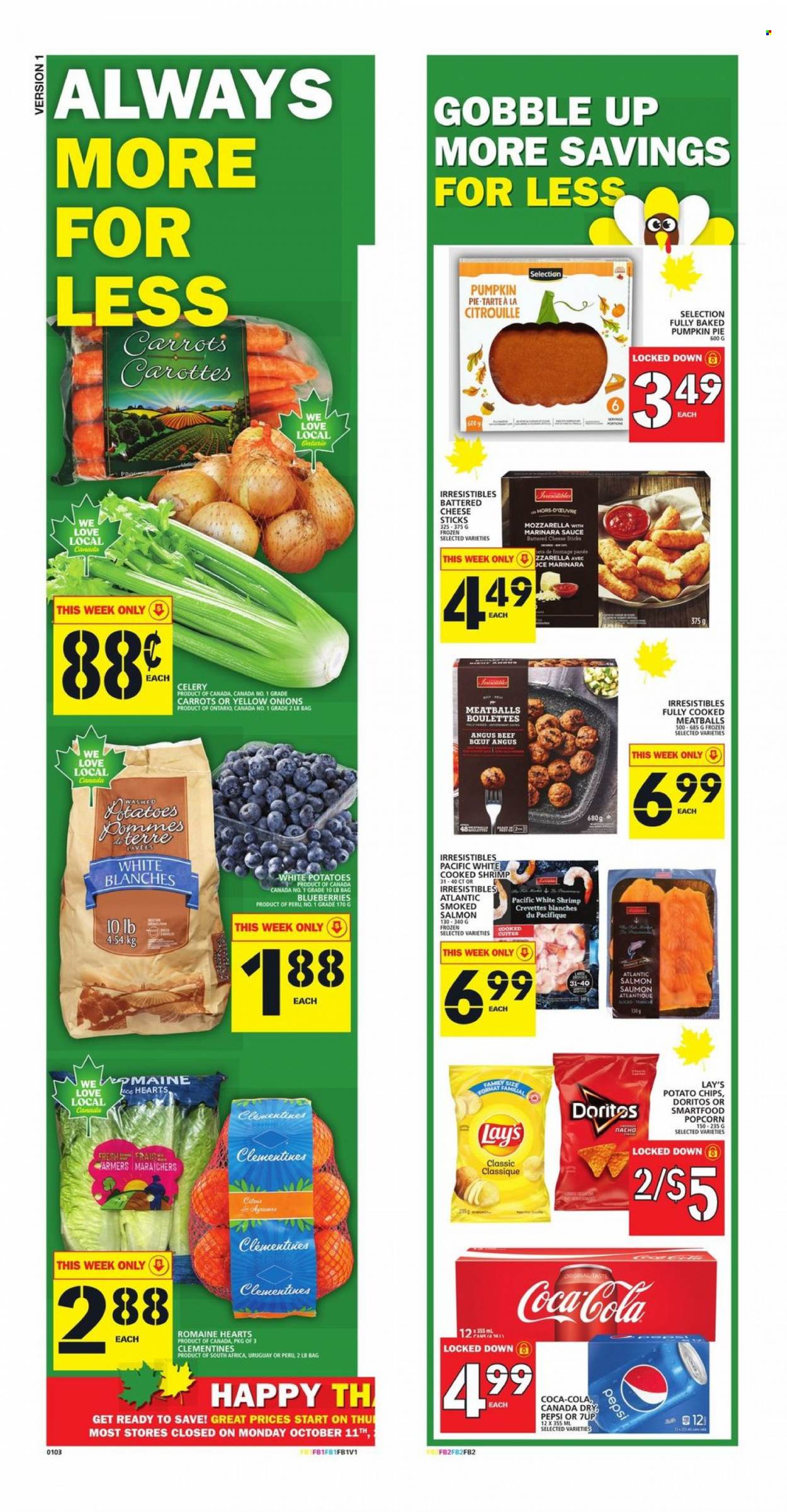 thumbnail - Food Basics Flyer - October 07, 2021 - October 13, 2021 - Sales products - pie, carrots, celery, pumpkin, onion, blueberries, clementines, salmon, smoked salmon, shrimps, meatballs, sauce, cheese, cheese sticks, Doritos, potato chips, Lay’s, Smartfood, popcorn, Canada Dry, Coca-Cola, Pepsi, 7UP, beef meat. Page 12.