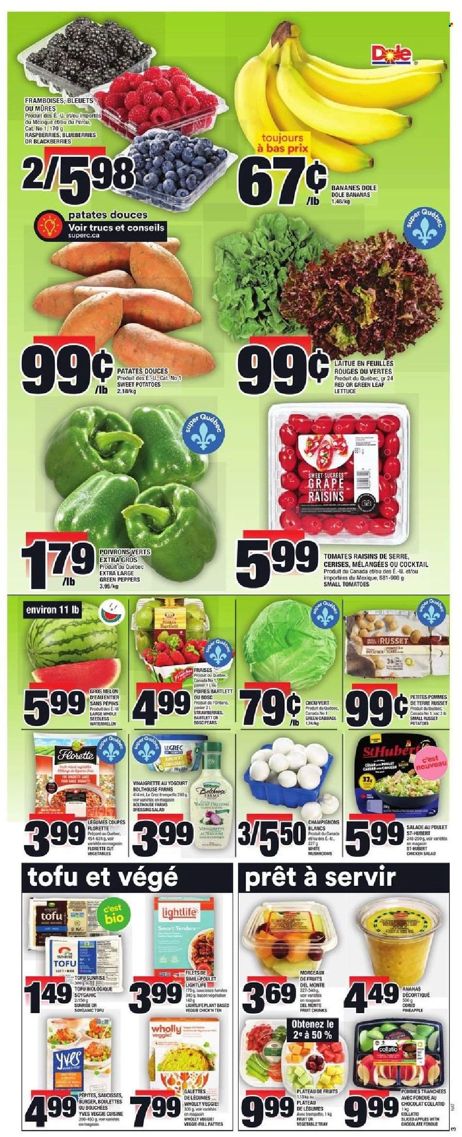 thumbnail - Super C Flyer - October 07, 2021 - October 13, 2021 - Sales products - mushrooms, cabbage, russet potatoes, sweet potato, tomatoes, potatoes, lettuce, Dole, peppers, bananas, blackberries, blueberries, watermelon, pineapple, melons, hamburger, bacon, chicken salad, tofu, chocolate, dressing, dried fruit, raisins. Page 4.