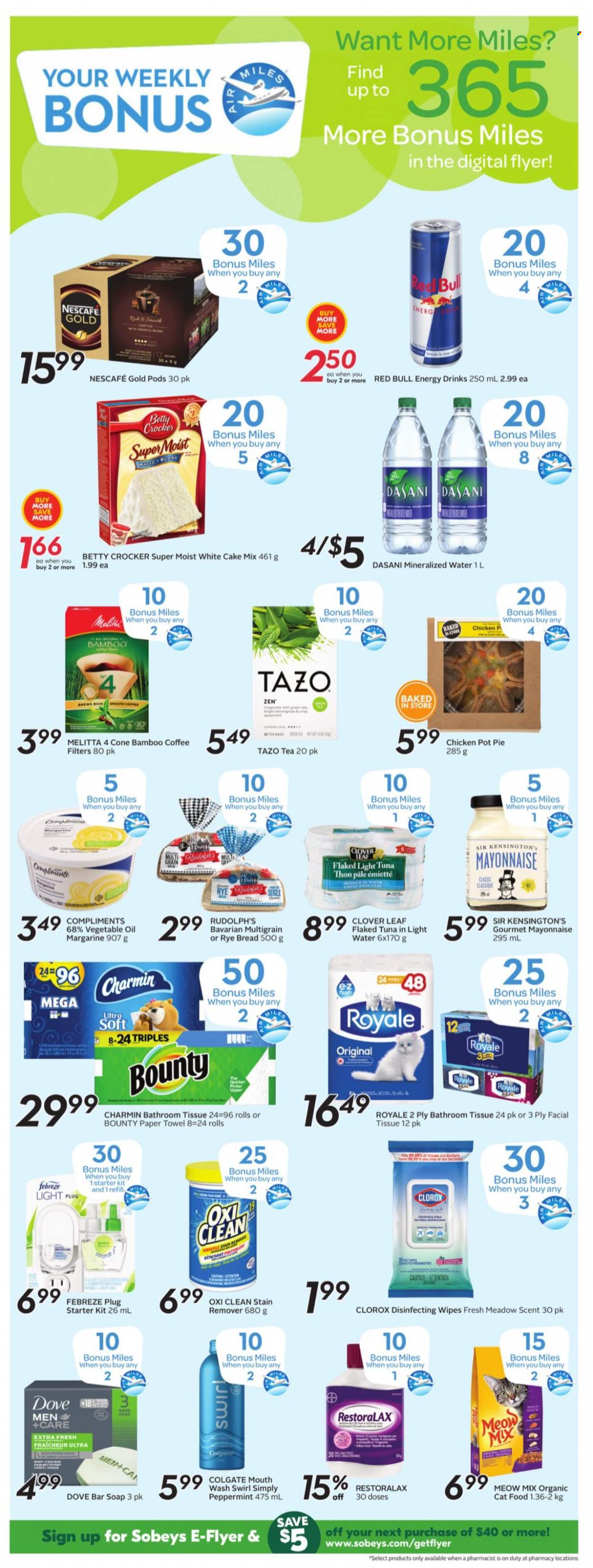 thumbnail - Sobeys Flyer - October 07, 2021 - October 13, 2021 - Sales products - bread, pie, pot pie, cake mix, Clover, margarine, mayonnaise, Bounty, light tuna, vegetable oil, oil, energy drink, Red Bull, green tea, tea bags, coffee, wipes, bath tissue, paper towels, Charmin, Febreze, stain remover, Clorox, soap bar, soap, animal food, cat food, Meow Mix, Dove, Colgate, Nescafé. Page 15.