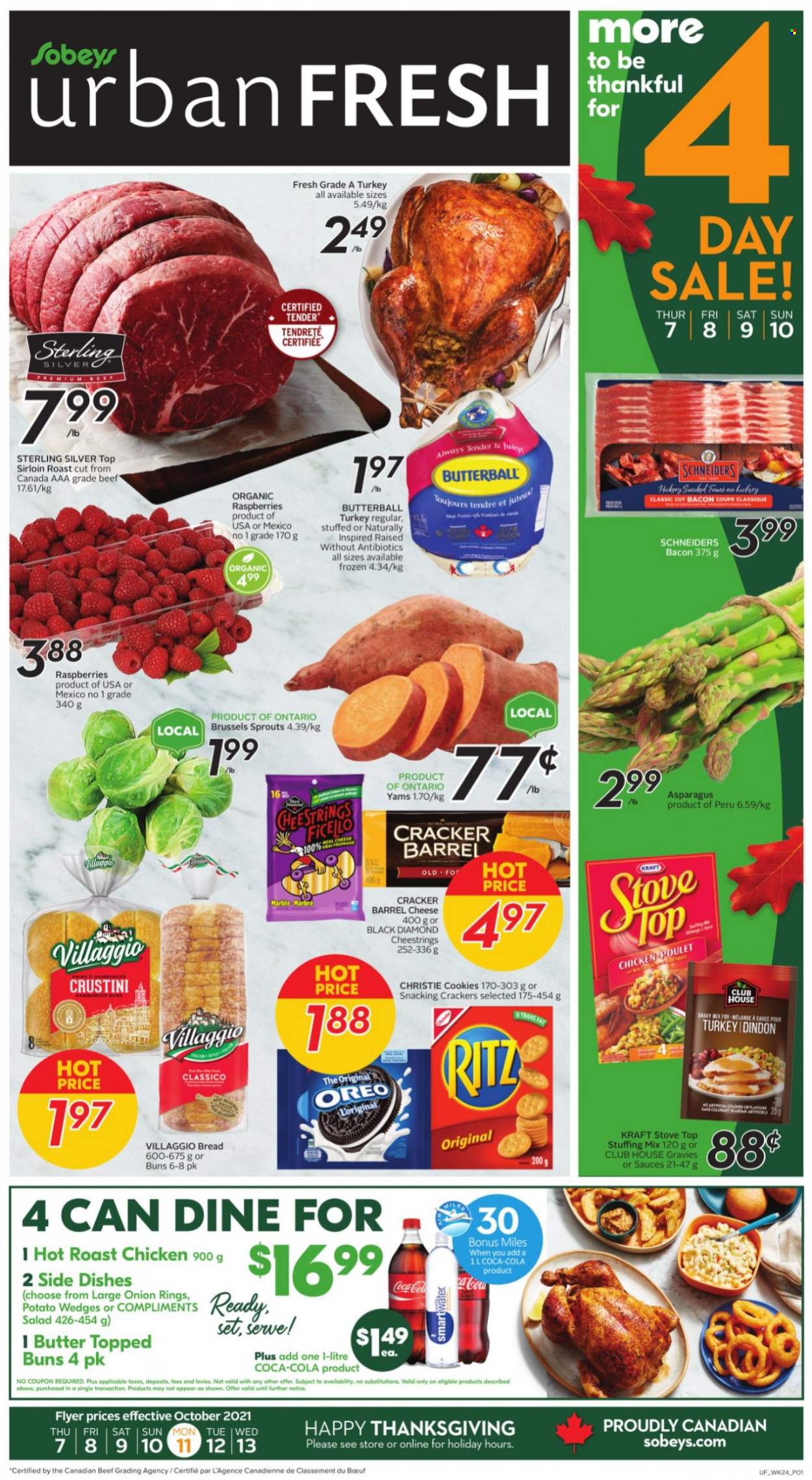 thumbnail - Sobeys Urban Fresh Flyer - October 07, 2021 - October 13, 2021 - Sales products - bread, buns, asparagus, salad, brussel sprouts, chicken roast, onion rings, Kraft®, bacon, Butterball, string cheese, cheese, potato wedges, cookies, crackers, RITZ, stuffing mix, gravy mix, Classico, Coca-Cola, Oreo. Page 1.