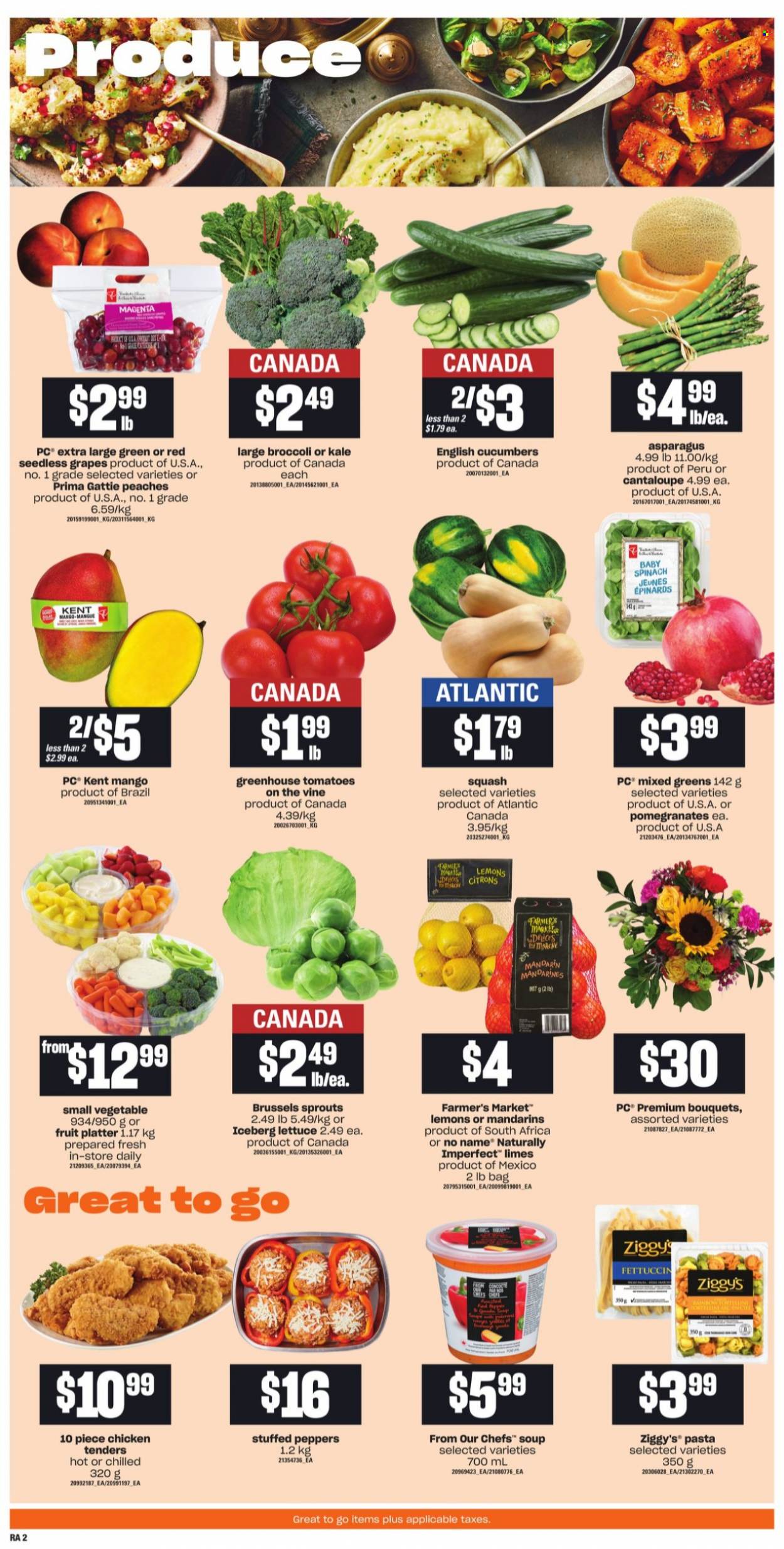 thumbnail - Atlantic Superstore Flyer - October 07, 2021 - October 13, 2021 - Sales products - asparagus, broccoli, cucumber, tomatoes, kale, lettuce, peppers, brussel sprouts, grapes, limes, mandarines, mango, seedless grapes, pomegranate, lemons, peaches, No Name, chicken tenders, soup, pasta, bouquet. Page 3.
