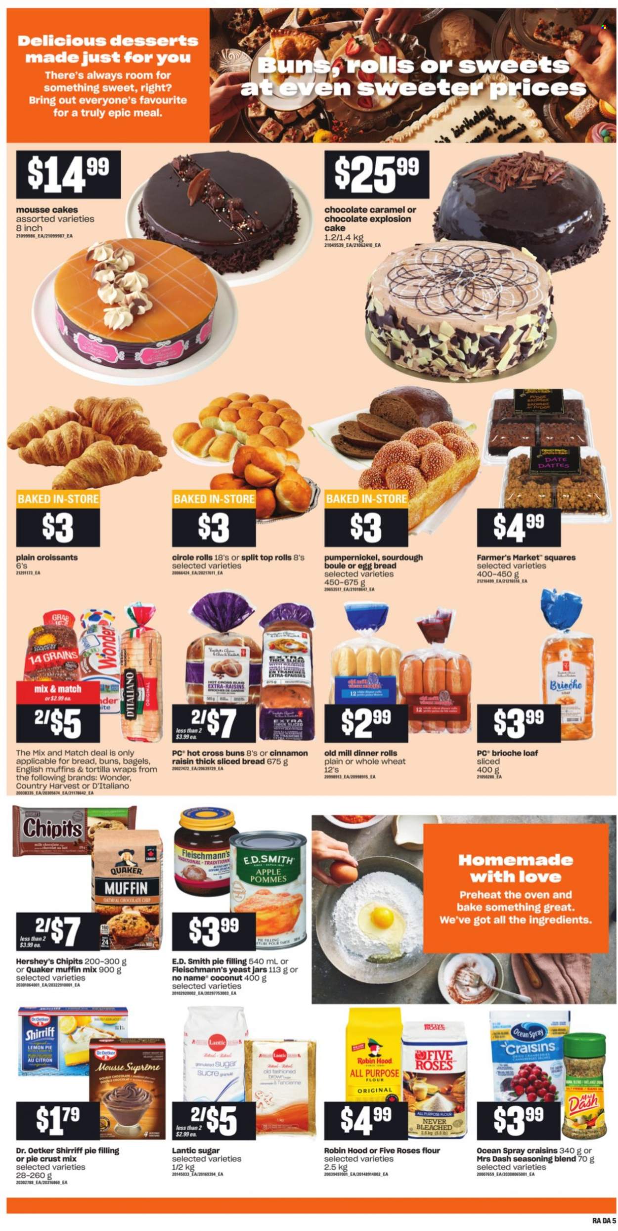 thumbnail - Atlantic Superstore Flyer - October 07, 2021 - October 13, 2021 - Sales products - bagels, english muffins, tortillas, dinner rolls, croissant, buns, brioche, wraps, muffin mix, coconut, No Name, Quaker, Dr. Oetker, yeast, Hershey's, Country Harvest, chocolate chips, all purpose flour, sugar, pie crust, pie filling, craisins, spice, dried fruit, raisins. Page 7.