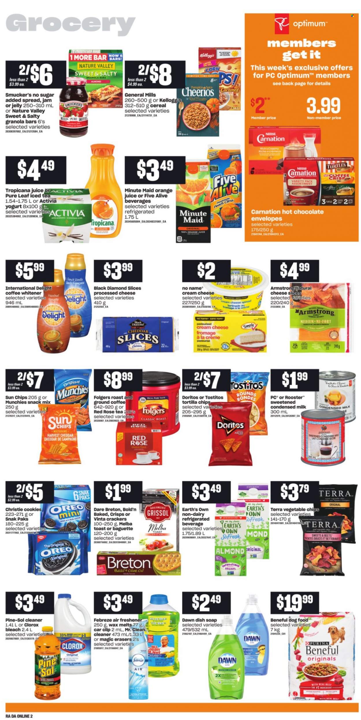 thumbnail - Atlantic Superstore Flyer - October 07, 2021 - October 13, 2021 - Sales products - corn, No Name, cheese spread, cream cheese, sliced cheese, yoghurt, Activia, milk, condensed milk, cookies, snack, jelly, crackers, Kellogg's, Doritos, tortilla chips, vegetable chips, Tostitos, cocoa, cereals, Cheerios, granola bar, Nature Valley, esponja, spice, caramel, olive oil, oil, fruit jam, orange juice, juice, ice tea, fruit punch, hot chocolate, Pure Leaf, coffee, Folgers, ground coffee, wine, rosé wine, Febreze, cleaner, bleach, Clorox, Pine-Sol, soap, turtles, animal food, dog food, Purina, Optimum, rose, Oreo, baguette, chips. Page 8.