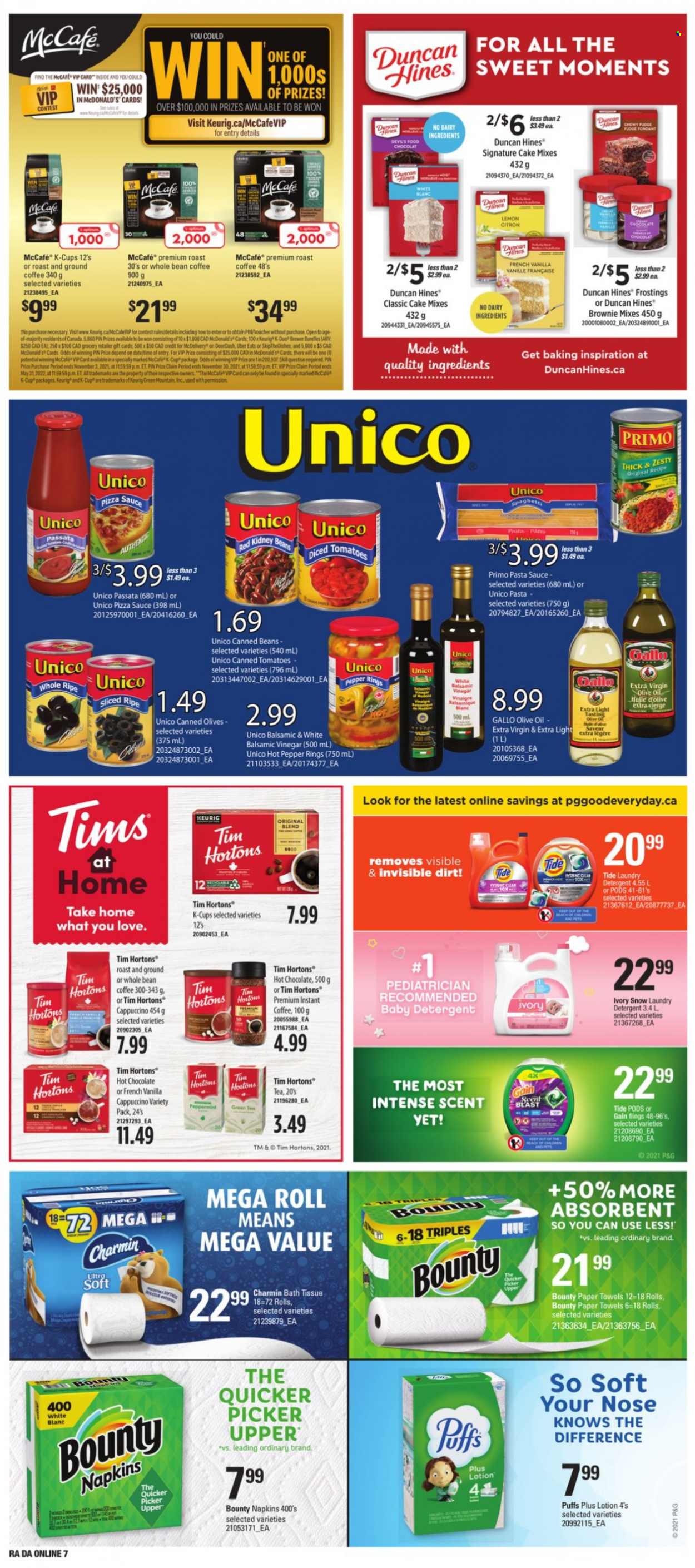 thumbnail - Atlantic Superstore Flyer - October 07, 2021 - October 13, 2021 - Sales products - cake, puffs, brownies, spaghetti, pasta sauce, fudge, Bounty, brewer, kidney beans, pepper, balsamic vinegar, extra virgin olive oil, vinegar, olive oil, oil, hot chocolate, tea, cappuccino, coffee, ground coffee, coffee capsules, McCafe, K-Cups, Keurig, Green Mountain, napkins, bath tissue, kitchen towels, paper towels, Charmin, Gain, Tide, laundry detergent, Moments, detergent, olives. Page 13.