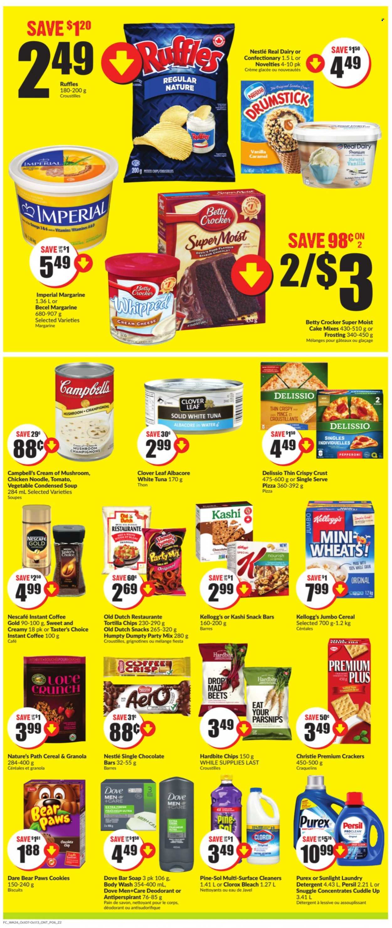 thumbnail - FreshCo. Flyer - October 07, 2021 - October 13, 2021 - Sales products - cake, parsnips, tuna, Campbell's, pizza, condensed soup, soup, noodles, instant soup, pepperoni, cream cheese, Clover, margarine, cookies, snack, crackers, Kellogg's, biscuit, snack bar, chocolate bar, tortilla chips, Ruffles, frosting, cereals, instant coffee, Omega-3, Nestlé, detergent, Dove, granola, chips, Nescafé, deodorant. Page 4.