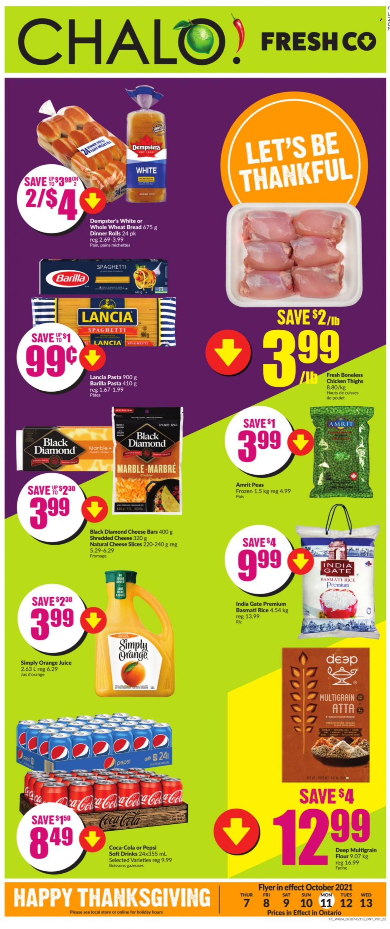 thumbnail - Chalo! FreshCo. Flyer - October 07, 2021 - October 13, 2021 - Sales products - wheat bread, dinner rolls, corn, peas, spaghetti, pasta, Barilla, shredded cheese, sliced cheese, cheddar, flour, basmati rice, rice, Coca-Cola, Pepsi, orange juice, juice, soft drink, chicken thighs, chicken. Page 1.