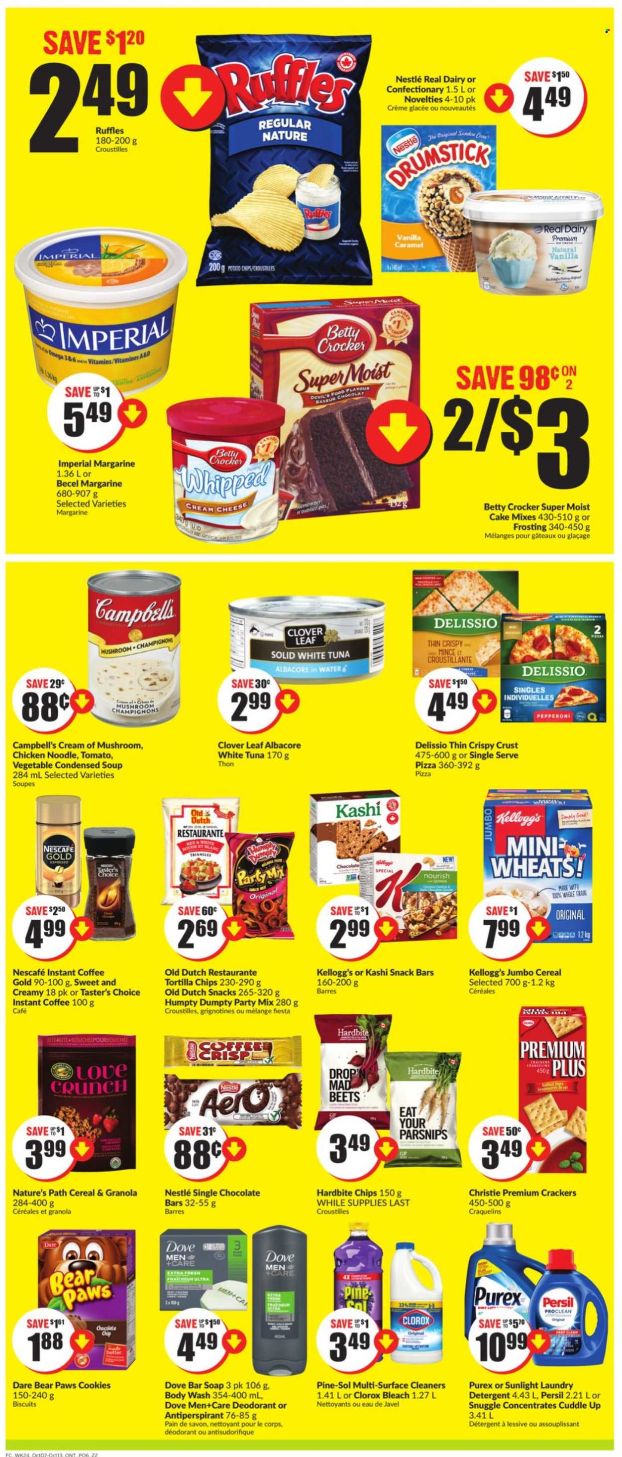 thumbnail - Chalo! FreshCo. Flyer - October 07, 2021 - October 13, 2021 - Sales products - cake, parsnips, tuna, Campbell's, pizza, condensed soup, soup, noodles, instant soup, pepperoni, cream cheese, Clover, margarine, cookies, snack, crackers, Kellogg's, biscuit, snack bar, chocolate bar, tortilla chips, Ruffles, frosting, cereals, instant coffee, L'Or, Omega-3, Nestlé, detergent, Dove, granola, chips, Nescafé, deodorant. Page 4.