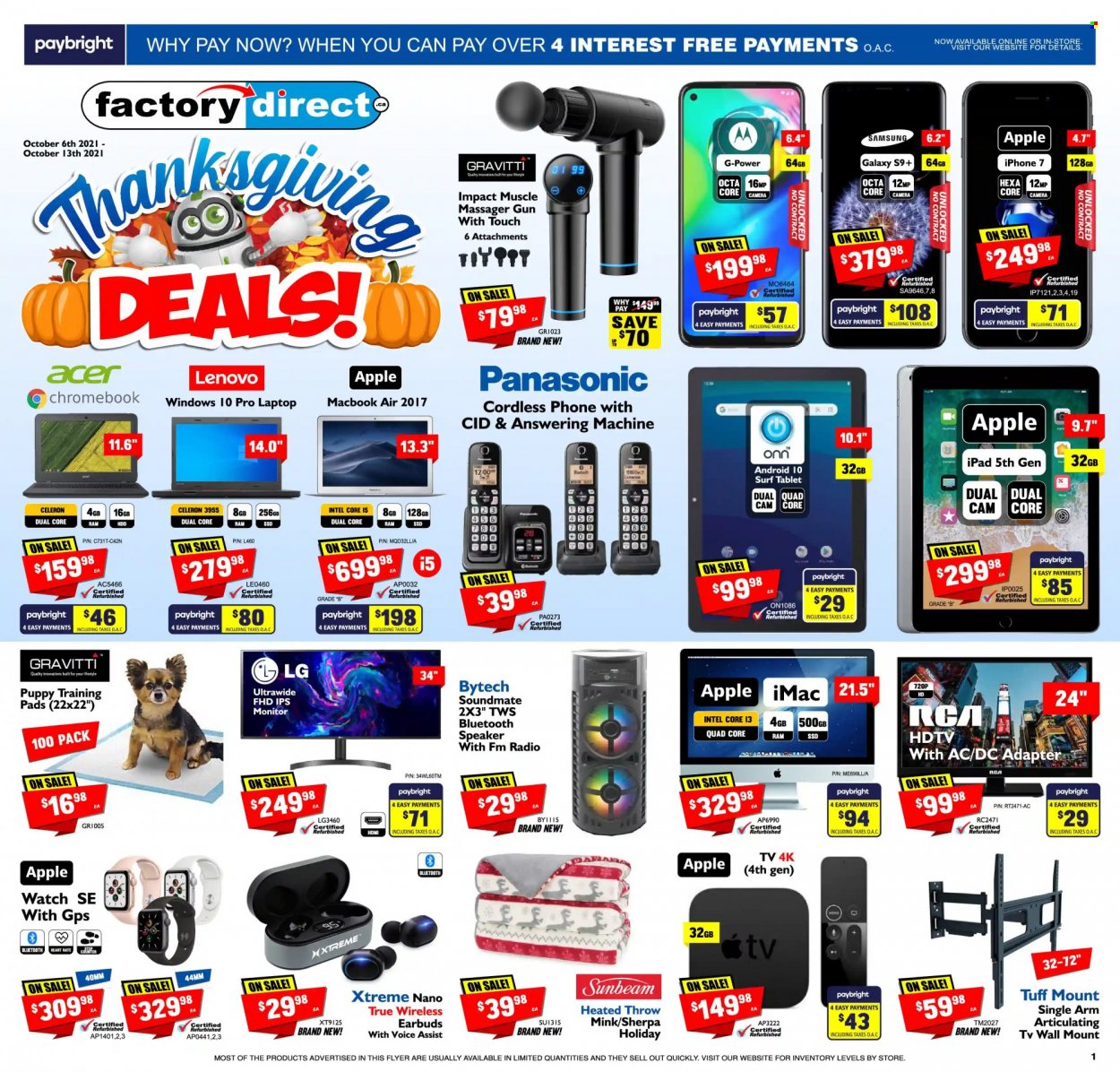 thumbnail - Factory Direct Flyer - October 06, 2021 - October 13, 2021 - Sales products - Intel, Apple, Acer, tablet, iPad, pin, Sunbeam, Samsung, iPhone, phone, laptop, chromebook, MacBook, iMac, MacBook Air, RCA, HDTV, TV, radio, speaker, bluetooth speaker, earbuds, adapter, tv wall mount, massager, heated throw, camera, Lenovo, LG, monitor, Panasonic, iPhone 7. Page 1.