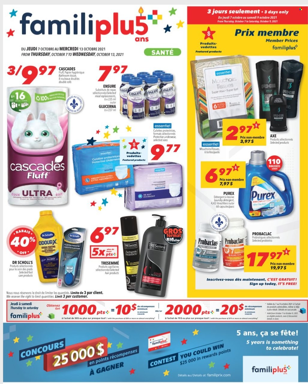 thumbnail - Familiprix Santé Flyer - October 07, 2021 - October 13, 2021 - Sales products - bath tissue, laundry detergent, Purex, TRESemmé, foot care, probiotics, Glucerna, Dr. Scholl's, Sol, detergent. Page 1.