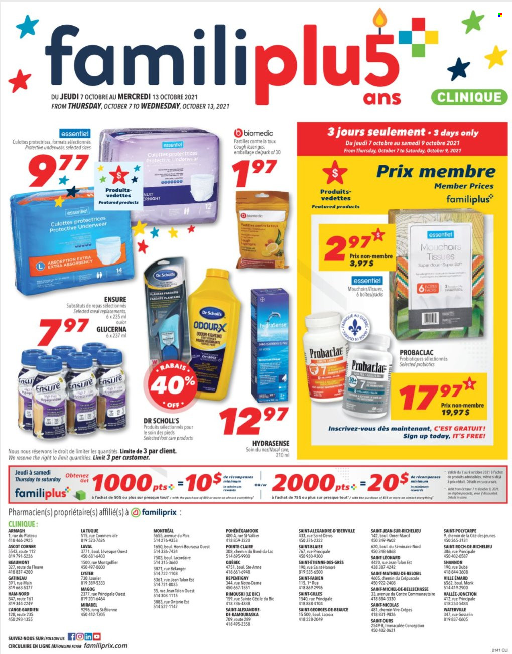 thumbnail - Familiprix Clinique Flyer - October 07, 2021 - October 13, 2021 - Sales products - pastilles, tissues, Clinique, BIC, foot care, probiotics, Glucerna, Dr. Scholl's. Page 1.