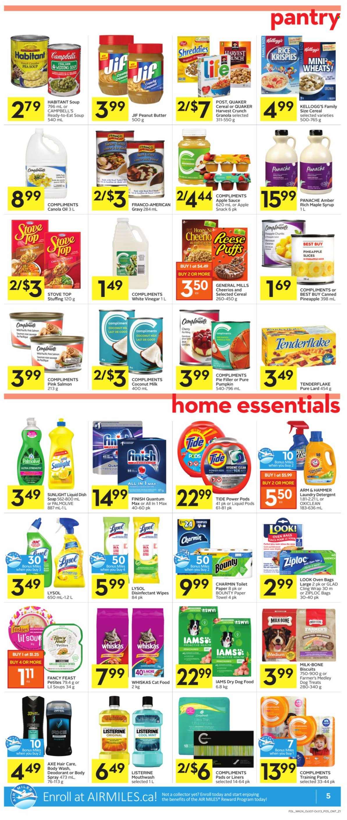 thumbnail - Foodland Flyer - October 07, 2021 - October 13, 2021 - Sales products - pie, puffs, pumpkin, pineapple, Campbell's, sandwich, soup, Quaker, snack, Bounty, Kellogg's, biscuit, ARM & HAMMER, coconut milk, cereals, Cheerios, Rice Krispies, canola oil, vinegar, oil, apple sauce, maple syrup, honey, peanut butter, syrup, Jif, L'Or, rosé wine, detergent, granola, lard, Listerine, Whiskas, desinfection, deodorant. Page 5.