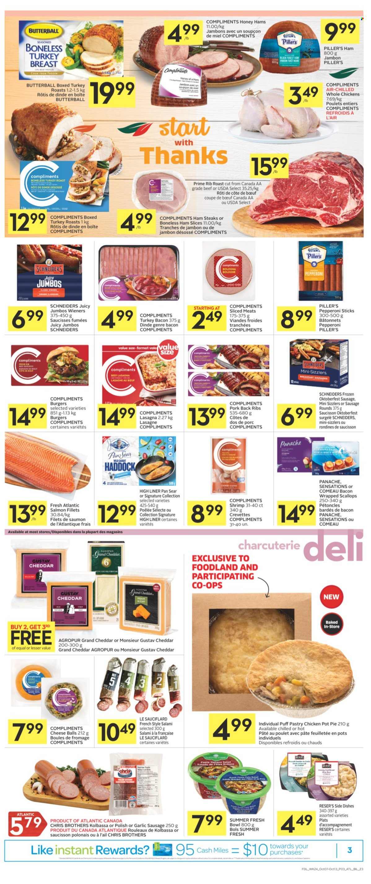 thumbnail - Co-op Flyer - October 07, 2021 - October 13, 2021 - Sales products - pie, pot pie, garlic, salad, bacon wrapped scallops, salmon, salmon fillet, scallops, haddock, shrimps, hamburger, pasta, lasagna meal, turkey roast, bacon, Butterball, salami, turkey bacon, ham, bologna sausage, sausage, pepperoni, ham steaks, cheddar, cheese, puff pastry, honey, BROTHERS, turkey breast, whole chicken, turkey, pork meat, pork ribs, pork back ribs, steak. Page 3.