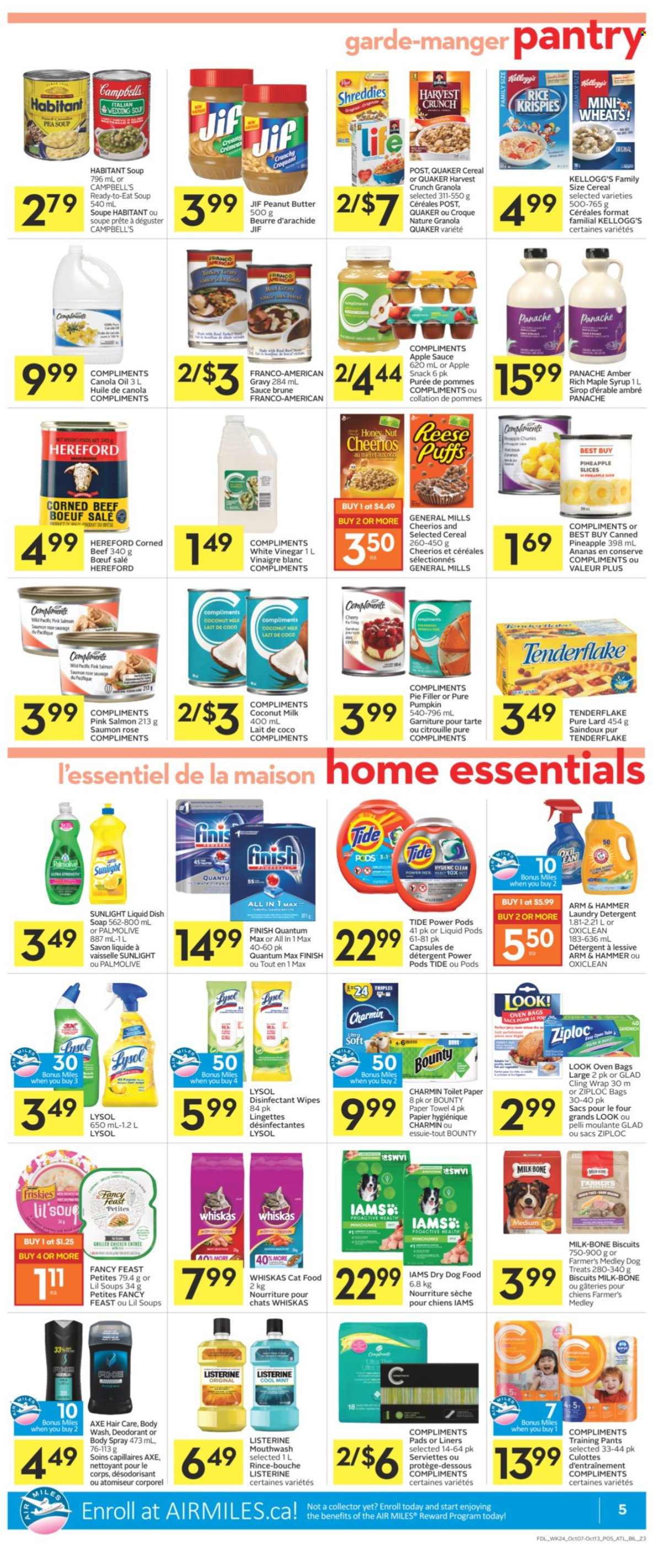 thumbnail - Co-op Flyer - October 07, 2021 - October 13, 2021 - Sales products - pie, puffs, pumpkin, pineapple, Campbell's, sandwich, soup, Quaker, corned beef, snack, Bounty, Kellogg's, biscuit, ARM & HAMMER, coconut milk, cereals, Cheerios, Rice Krispies, canola oil, vinegar, oil, apple sauce, maple syrup, peanut butter, syrup, Jif, rosé wine, beef meat, detergent, granola, lard, Listerine, Whiskas, desinfection, deodorant. Page 5.