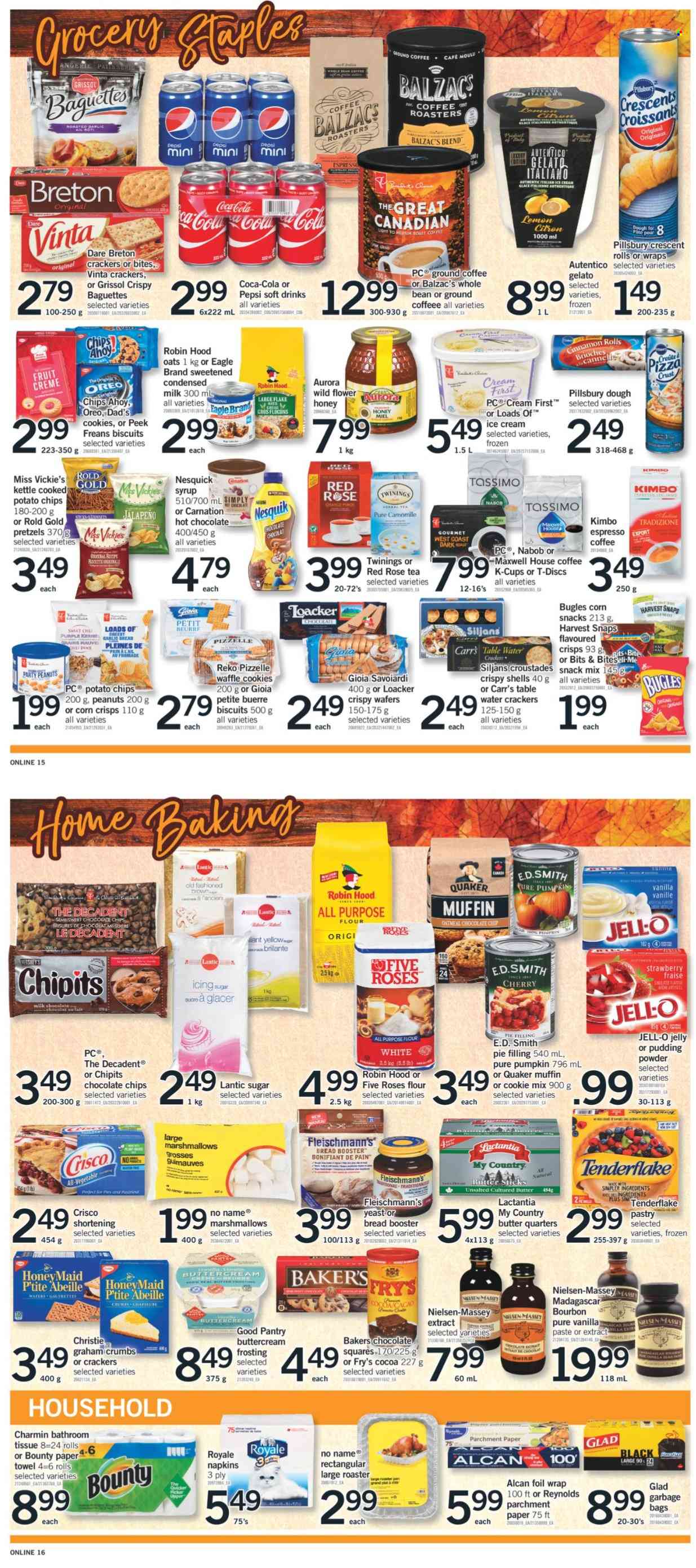thumbnail - Fortinos Flyer - October 07, 2021 - October 10, 2021 - Sales products - pretzels, croissant, wraps, cinnamon roll, crescent rolls, jalapeño, cherries, No Name, pizza, Pillsbury, Quaker, pudding, milk, condensed milk, yeast, butter, gelato, marshmallows, wafers, snack, Bounty, jelly, crackers, biscuit, potato chips, all purpose flour, cocoa, Crisco, flour, frosting, shortening, sugar, pie filling, oatmeal, oats, Jell-O, icing sugar, Harvest Snaps, honey, syrup, peanuts, Coca-Cola, Pepsi, soft drink, hot chocolate, Maxwell House, tea, Twinings, coffee, ground coffee, coffee capsules, K-Cups, wine, rosé wine, bourbon, napkins, bath tissue, paper towels, Charmin, pen, Bakers, roaster, table, Oreo, baguette. Page 9.