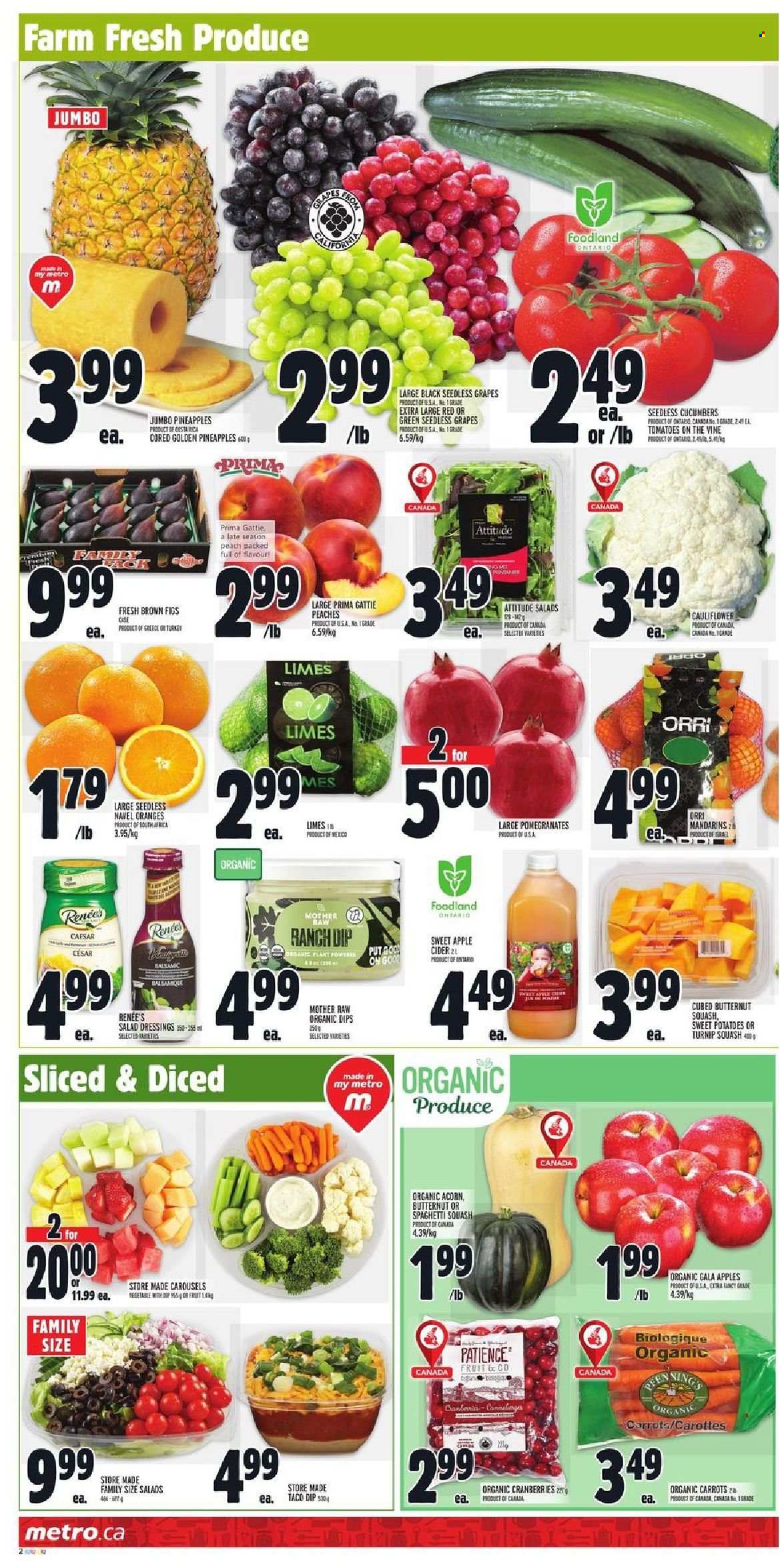 thumbnail - Metro Flyer - October 07, 2021 - October 13, 2021 - Sales products - butternut squash, carrots, cucumber, sweet potato, tomatoes, figs, Gala, grapes, limes, seedless grapes, pineapple, pomegranate, peaches, navel oranges, dip, cranberries, salad dressing, apple cider, cider, oranges. Page 2.