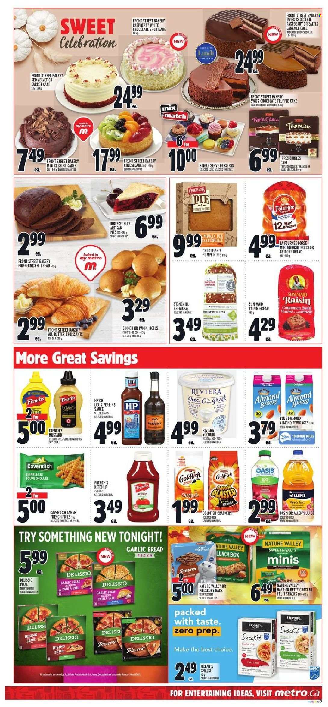 thumbnail - Metro Flyer - October 07, 2021 - October 13, 2021 - Sales products - bread, cake, pie, croissant, panini, brioche, cheesecake, pumpkin, pizza, sauce, Pillsbury, Almond Breeze, potato fries, french fries, chocolate, truffles, Celebration, crackers, fruit snack, Goldfish, Nature Valley, cinnamon, mustard, Blue Diamond, juice, meal box, pin, ketchup, Lindt. Page 9.