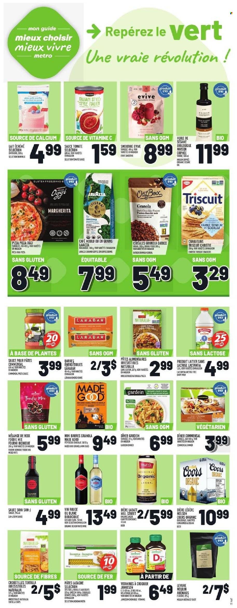thumbnail - Metro Flyer - October 07, 2021 - October 13, 2021 - Sales products - pizza, pasta sauce, sauce, lasagna meal, milk, crackers, tortilla chips, cereals, smoothie, coffee beans, Lavazza, beer, Lager, calcium, granola, chips, Coors. Page 12.