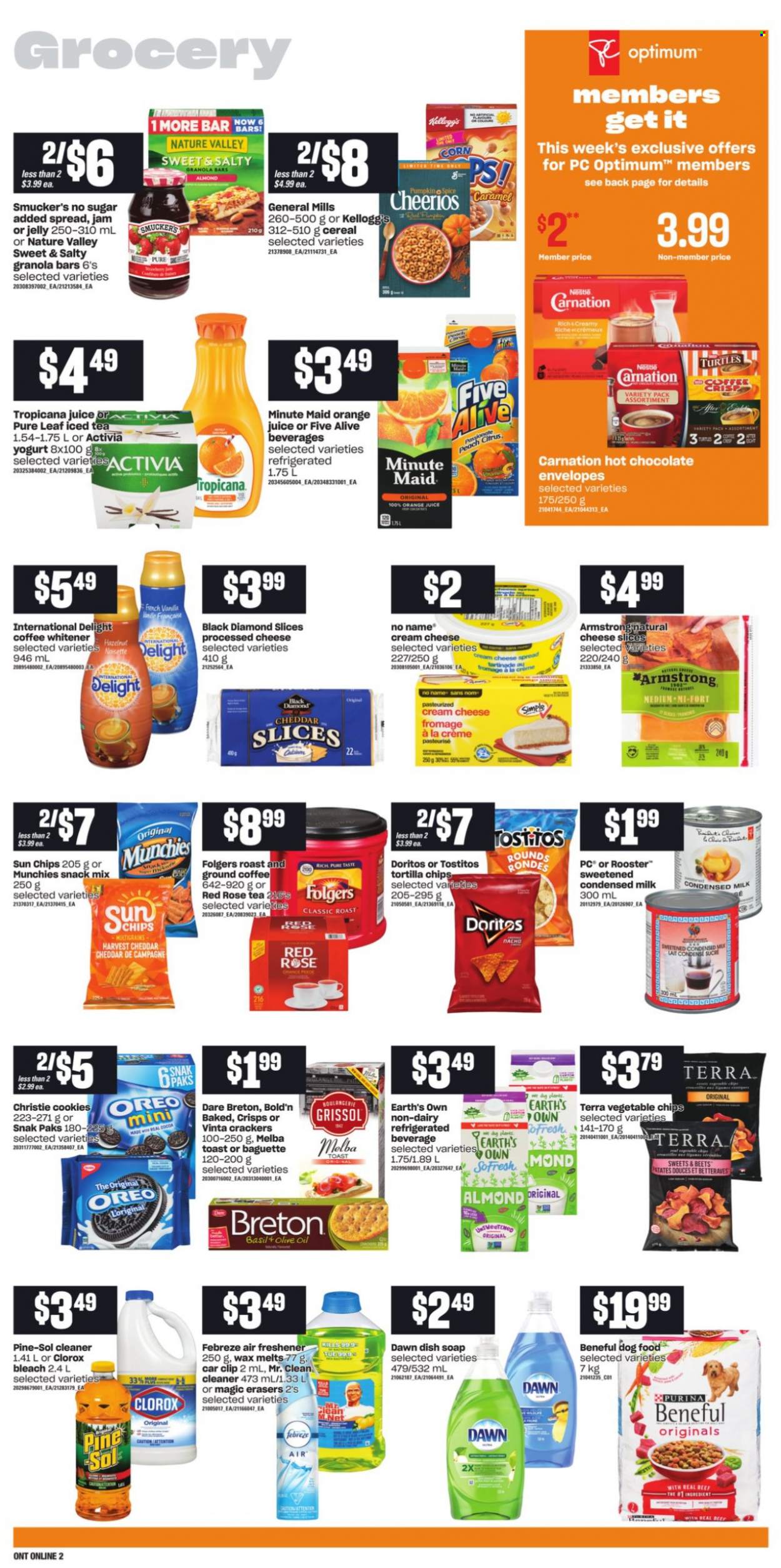 thumbnail - Loblaws Flyer - October 07, 2021 - October 13, 2021 - Sales products - corn, No Name, cream cheese, sliced cheese, cheese, yoghurt, Activia, milk, condensed milk, cookies, snack, jelly, crackers, Kellogg's, Doritos, tortilla chips, vegetable chips, Tostitos, cereals, Cheerios, granola bar, Nature Valley, esponja, olive oil, oil, fruit jam, orange juice, juice, ice tea, fruit punch, hot chocolate, Pure Leaf, coffee, Folgers, ground coffee, wine, rosé wine, Febreze, cleaner, bleach, Clorox, Pine-Sol, soap, turtles, animal food, dog food, Purina, Optimum, Oreo, baguette, chips. Page 8.