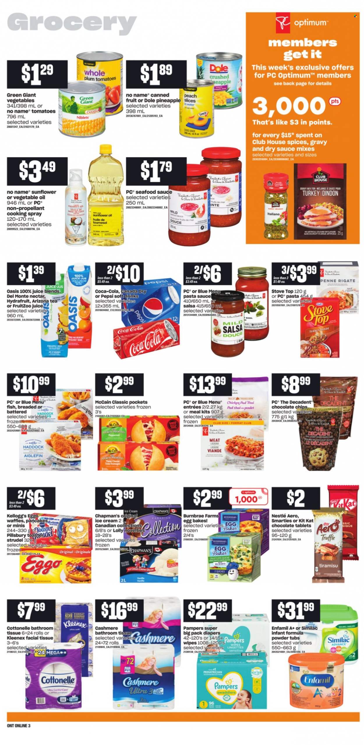 thumbnail - Loblaws Flyer - October 07, 2021 - October 13, 2021 - Sales products - strudel, waffles, tiramisu, tomatoes, Dole, pineapple, coconut, haddock, seafood, fish, No Name, pasta sauce, sauce, Pillsbury, lasagna meal, pepperoni, cheese, eggs, ice cream, McCain, truffles, KitKat, lollipop, Kellogg's, canned fruit, penne, gravy mix, salsa, cooking spray, sunflower oil, oil, Canada Dry, Coca-Cola, Pepsi, juice, soft drink, AriZona, tea, Enfamil, Similac, wipes, nappies, bath tissue, Cottonelle, Kleenex, Optimum, Nestlé, Pampers, Smarties. Page 9.
