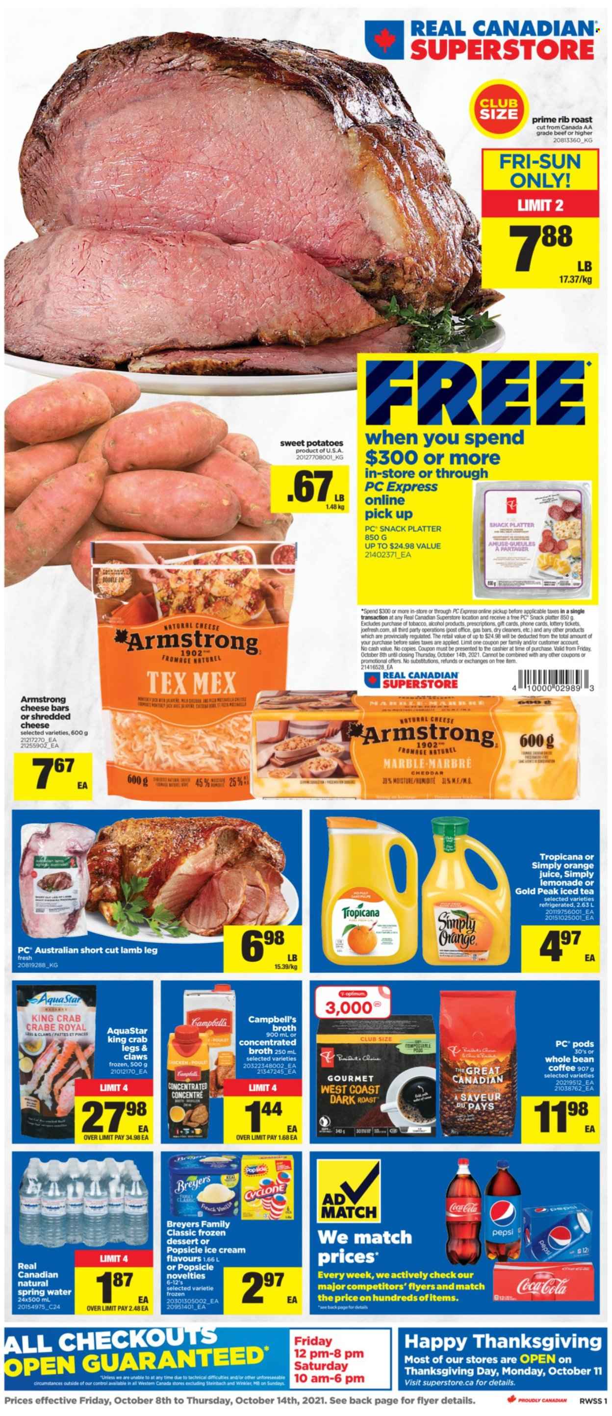 thumbnail - Real Canadian Superstore Flyer - October 08, 2021 - October 14, 2021 - Sales products - sweet potato, potatoes, king crab, crab legs, crab, Campbell's, shredded cheese, cheddar, ice cream, snack, broth, Coca-Cola, lemonade, Pepsi, orange juice, juice, ice tea, spring water, coffee, alcohol, lamb meat, lamb leg. Page 1.