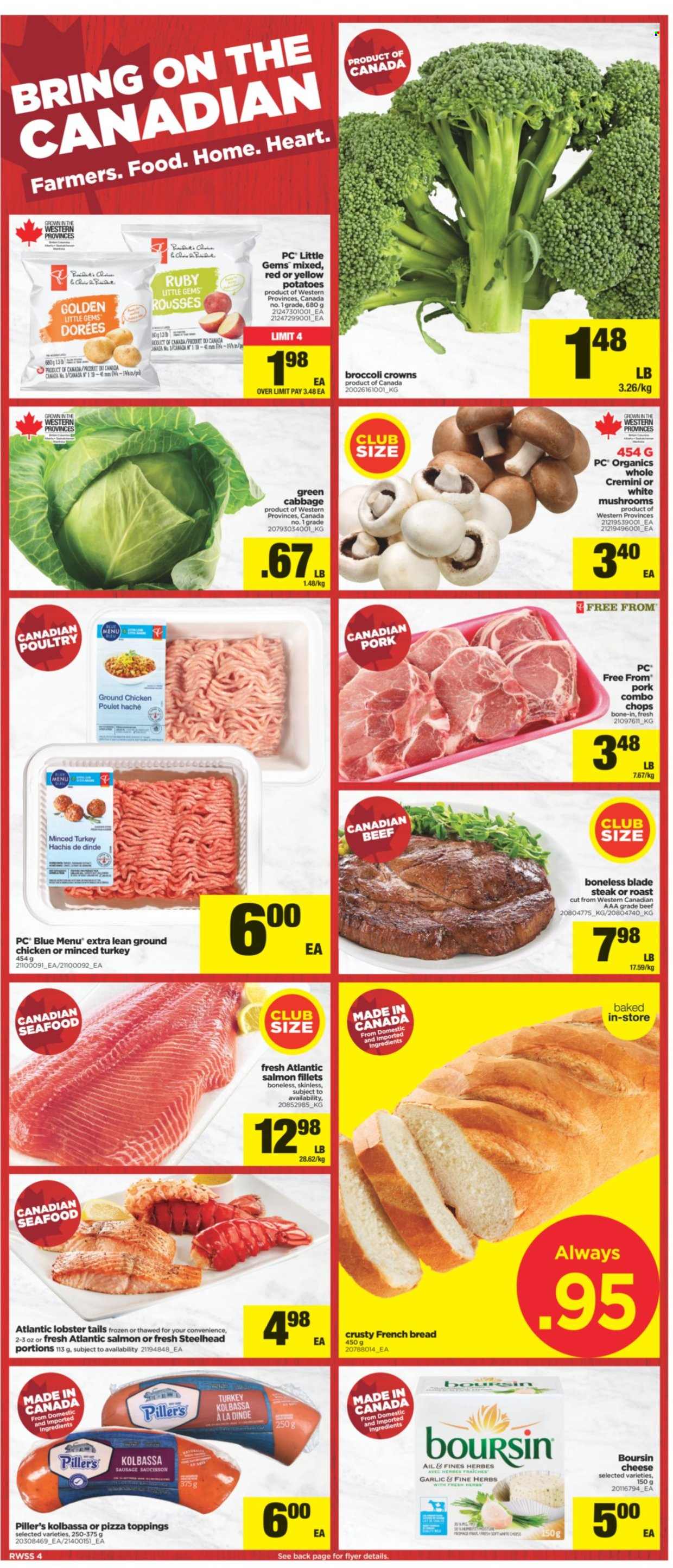 thumbnail - Real Canadian Superstore Flyer - October 08, 2021 - October 14, 2021 - Sales products - chair, french bread, potatoes, fish fillets, lobster, salmon, salmon fillet, seafood, lobster tail, pizza, roast, topping, ground chicken, chicken, turkey, steak, pork chops, pork meat. Page 4.