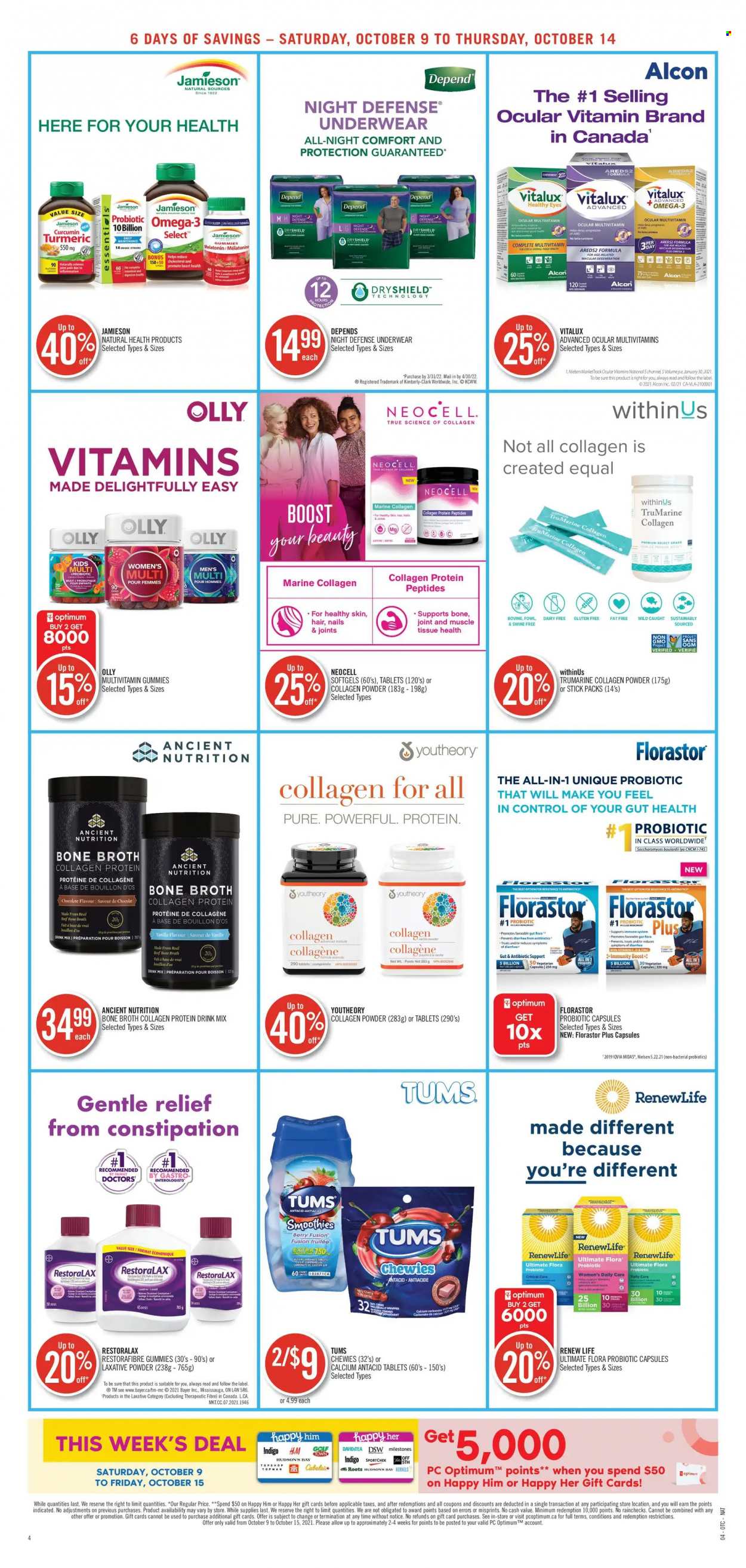 thumbnail - Shoppers Drug Mart Flyer - October 09, 2021 - October 14, 2021 - Sales products - chocolate, chewing gum, bouillon, broth, turmeric, smoothie, Boost, tissues, Sure, multivitamin, probiotics, Omega-3, zinc, Antacid, laxative, Bayer, calcium. Page 4.