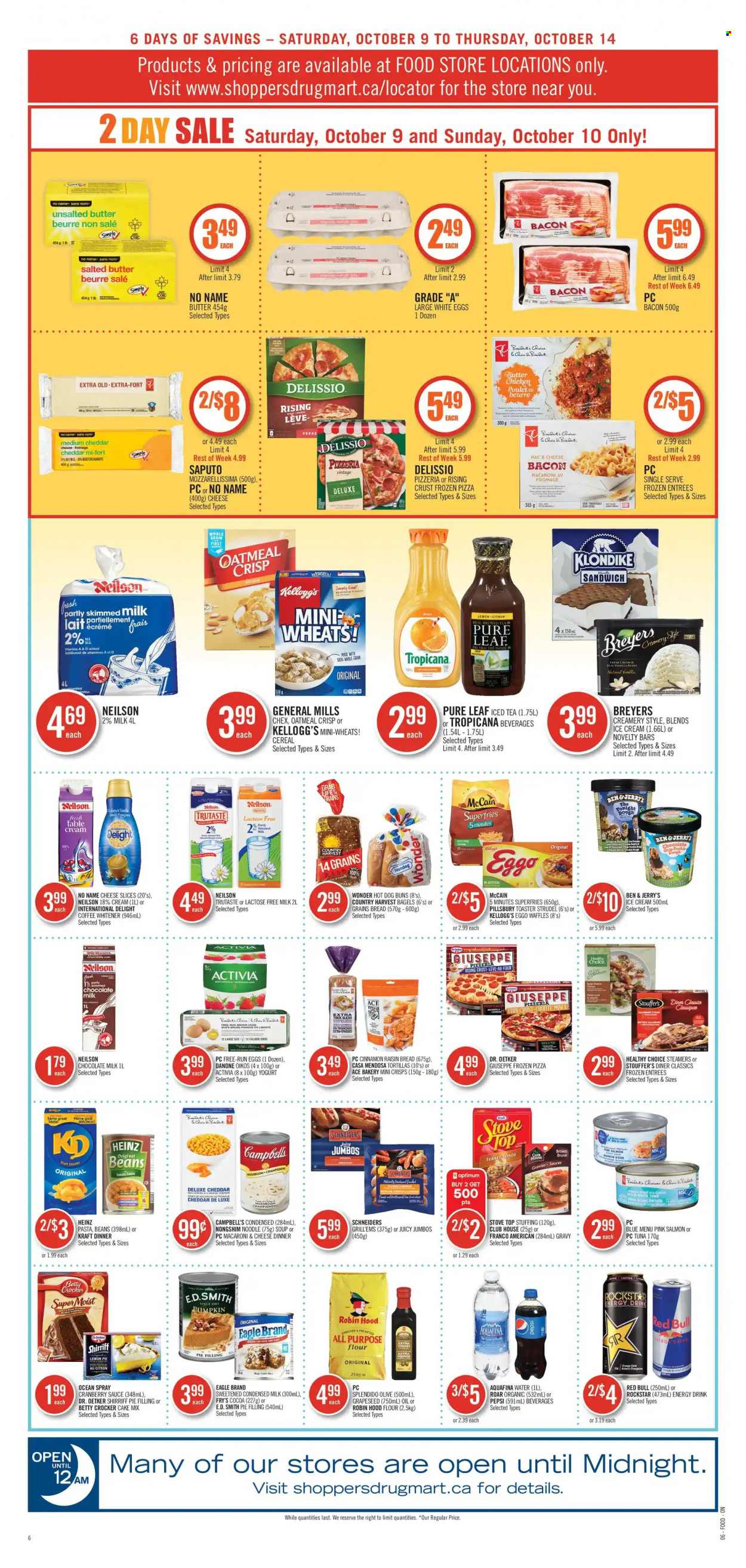 thumbnail - Shoppers Drug Mart Flyer - October 09, 2021 - October 14, 2021 - Sales products - milk chocolate, Kellogg's, waffles, tortillas, ACE Bakery, all purpose flour, cocoa, pie filling, oatmeal, Dr. Oetker, salmon, tuna, Heinz, pumpkin, soup, pasta, noodles, Campbell's, Kraft®, cranberry sauce, Pepsi, energy drink, ice tea, Red Bull, Rockstar, Aquafina, Pure Leaf, coffee. Page 6.