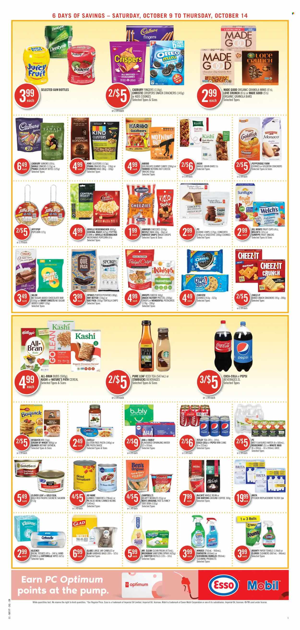 thumbnail - Shoppers Drug Mart Flyer - October 09, 2021 - October 14, 2021 - Sales products - cookies, milk chocolate, pretzels, Haribo, Bounty, crackers, biscuit, Cadbury, Digestive, Trident, Welch's, fruit snack, chocolate bar, tortilla chips, popcorn, Goldfish, Cheez-It, Bisquick, oatmeal, Harvest Snaps, corn, salmon, pumpkin, pasta sauce, sauce, cereals, Cream of Wheat, granola bar, Quaker, All-Bran, noodles, ginger, cinnamon, Campbell's, pistachios, trail mix, Coca-Cola, Pepsi, juice, ice tea, Clover, fruit punch, Pure Leaf, coffee, ground coffee, Starbucks, McCafe, wipes, Cottonelle, Kleenex, tissues, kitchen towels, paper towels, Windex, Scrubbing Bubbles, Clorox, Swiffer, facial tissues, Nestlé, Oreo, chips, Ferrero Rocher. Page 8.