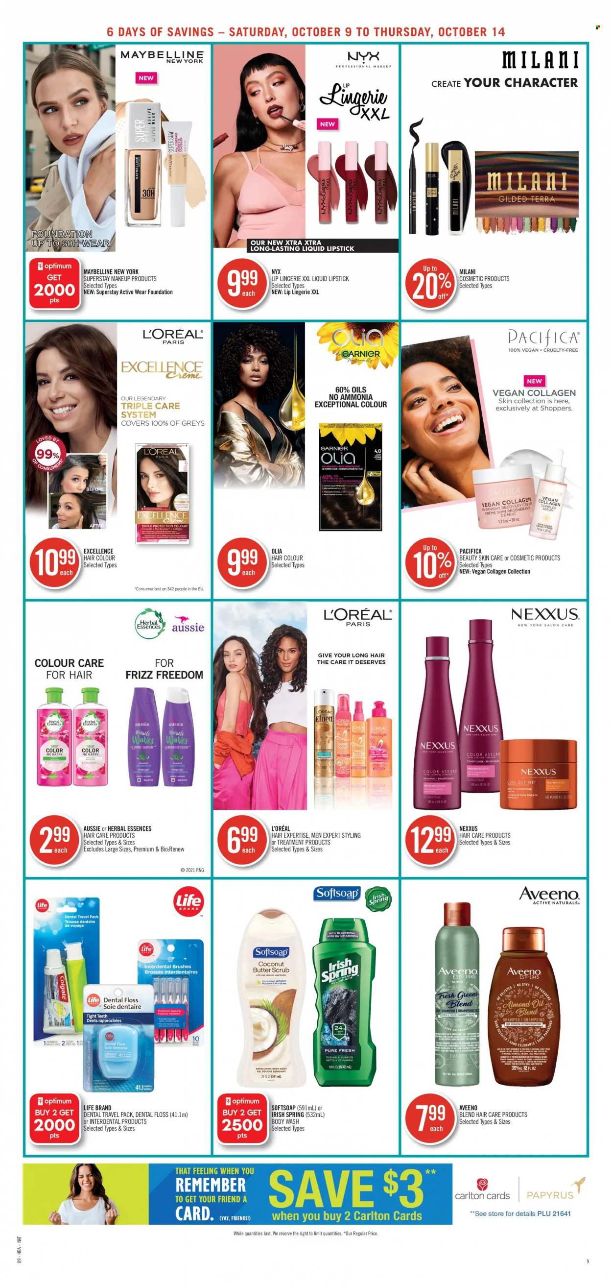 thumbnail - Shoppers Drug Mart Flyer - October 09, 2021 - October 14, 2021 - Sales products - Aveeno, XTRA, body wash, Softsoap, L’Oréal, serum, NYX Cosmetics, Aussie, conditioner, hair color, Nexxus, Herbal Essences, lipstick, makeup, Colgate, Garnier, Maybelline, shampoo. Page 12.