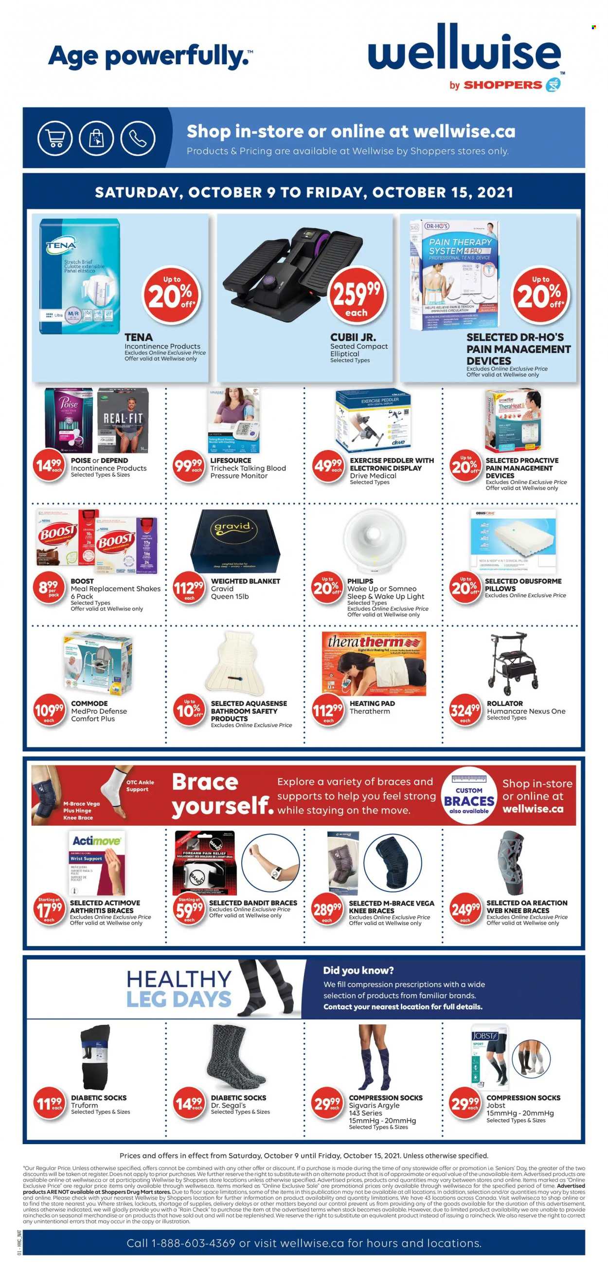 thumbnail - Shoppers Drug Mart Flyer - October 09, 2021 - October 14, 2021 - Sales products - Philips, Boost, weighted blanket, pressure monitor, heating pad, socks, compression stockings, pain relief, brace, rollator, bra. Page 15.