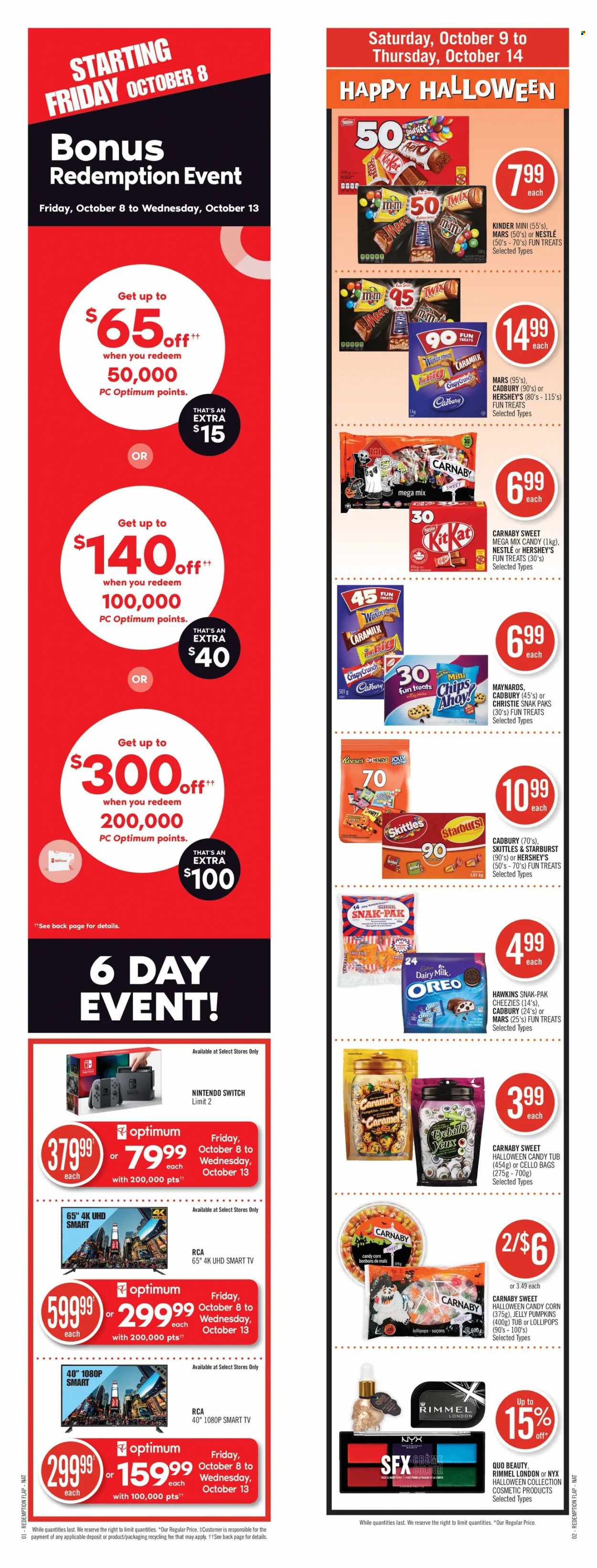 thumbnail - Shoppers Drug Mart Flyer - October 09, 2021 - October 14, 2021 - Sales products - Mars, jelly, lollipop, Reese's, Hershey's, Cadbury, Dairy Milk, Skittles, Starburst, corn, pumpkin, caramel, NYX Cosmetics, Rimmel, Nestlé, Oreo, chips. Page 18.
