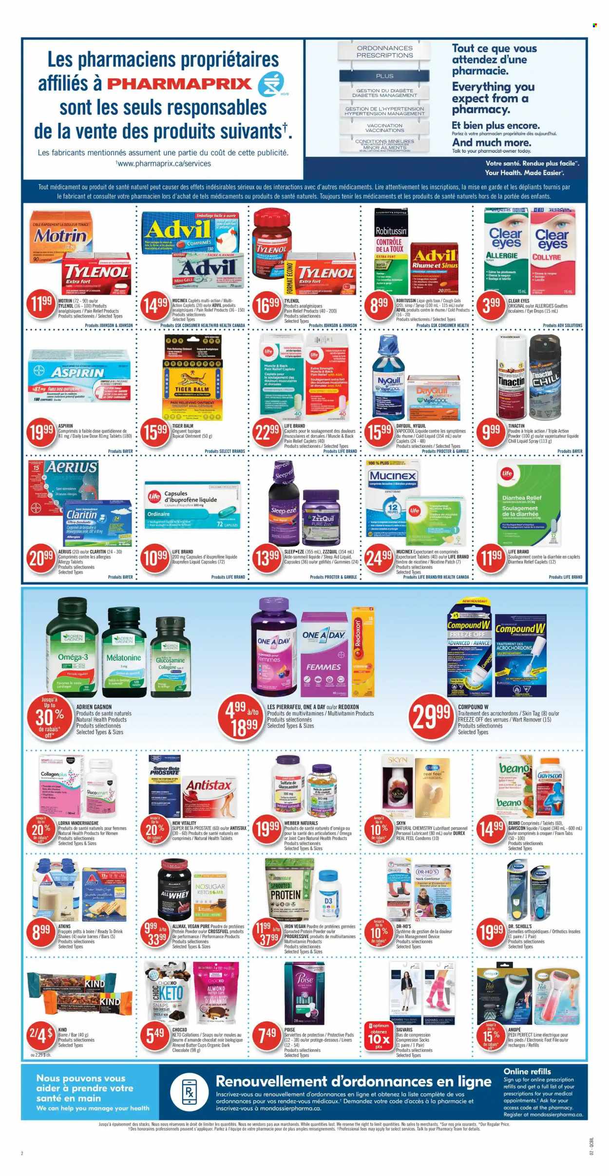 thumbnail - Pharmaprix Flyer - October 09, 2021 - October 14, 2021 - Sales products - shake, almond butter, chocolate, dark chocolate, syrup, Johnson's, ointment, lubricant, comforter, iron, pain relief, DayQuil, glucosamine, Mucinex, multivitamin, Tylenol, ZzzQuil, Ibuprofen, NyQuil, Omega-3, eye drops, Advil Rapid, whey protein, Gaviscon, vitamin D3, Low Dose, aspirin, Bayer, Motrin, Dr. Scholl's, Robitussin. Page 2.