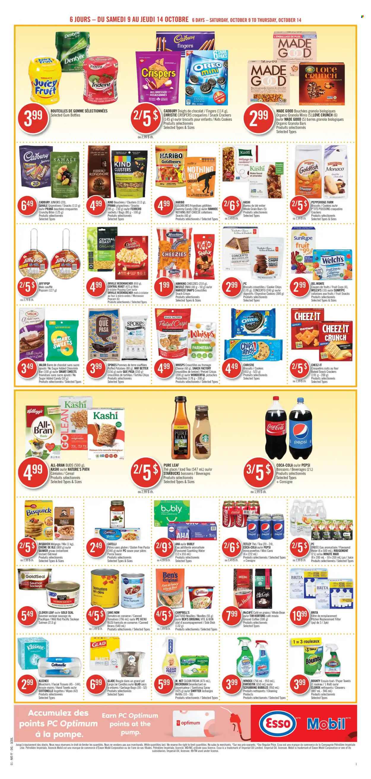 thumbnail - Pharmaprix Flyer - October 09, 2021 - October 14, 2021 - Sales products - corn, ginger, tomatoes, potatoes, fruit cup, Welch's, salmon, Campbell's, pasta sauce, sauce, Quaker, noodles, parmesan, cheese, Clover, cookies, milk chocolate, Haribo, Bounty, crackers, Kellogg's, biscuit, Cadbury, Digestive, Trident, fruit snack, chocolate bar, tortilla chips, popcorn, Goldfish, pretzel crisps, Bisquick, oatmeal, Harvest Snaps, cereals, granola bar, All-Bran, pistachios, Coca-Cola, Pepsi, juice, ice tea, fruit punch, Pure Leaf, coffee, ground coffee, Starbucks, McCafe, wipes, Cottonelle, Kleenex, tissues, kitchen towels, paper towels, Windex, Scrubbing Bubbles, Clorox, Swiffer, facial tissues, pitcher, pot, candle, Glade, hand towel, pump, Jiffy, Oreo, Nestlé, chips, Ferrero Rocher. Page 8.