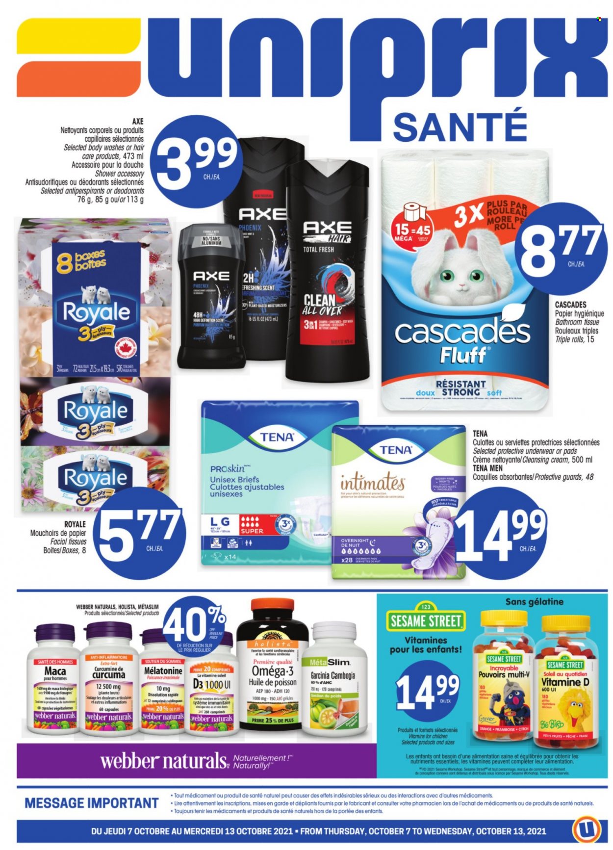 thumbnail - Uniprix Santé Flyer - October 07, 2021 - October 13, 2021 - Sales products - Sesame Street, bath tissue, sanitary pads, facial tissues, moisturizer, Omega-3, vitamin D3, deodorant. Page 1.