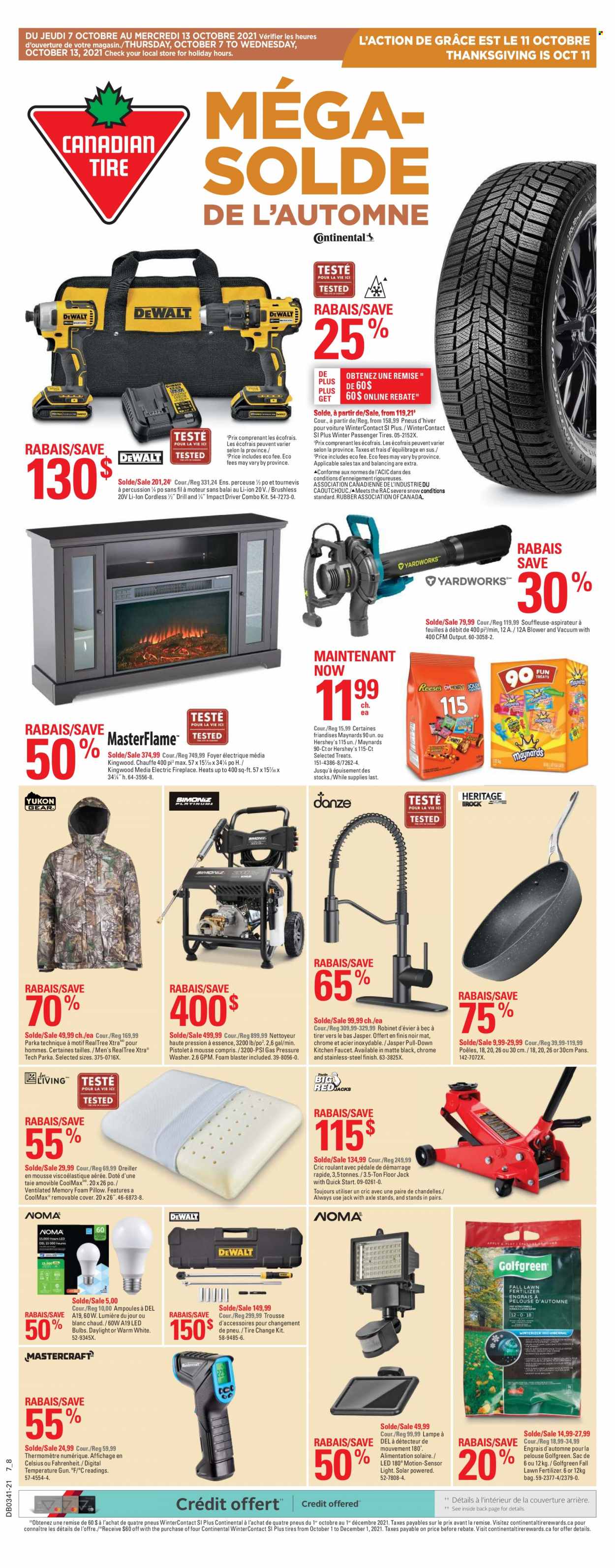 thumbnail - Canadian Tire Flyer - October 07, 2021 - October 13, 2021 - Sales products - XTRA, eraser, bulb, LED bulb, percussion instrument, pillow, foam pillow, DeWALT, gun, Plus Plus, faucet, fireplace, electric fireplace, drill, impact driver, combo kit, blower, pressure washer, fertilizer, floor jack, Continental, tires, parka. Page 1.