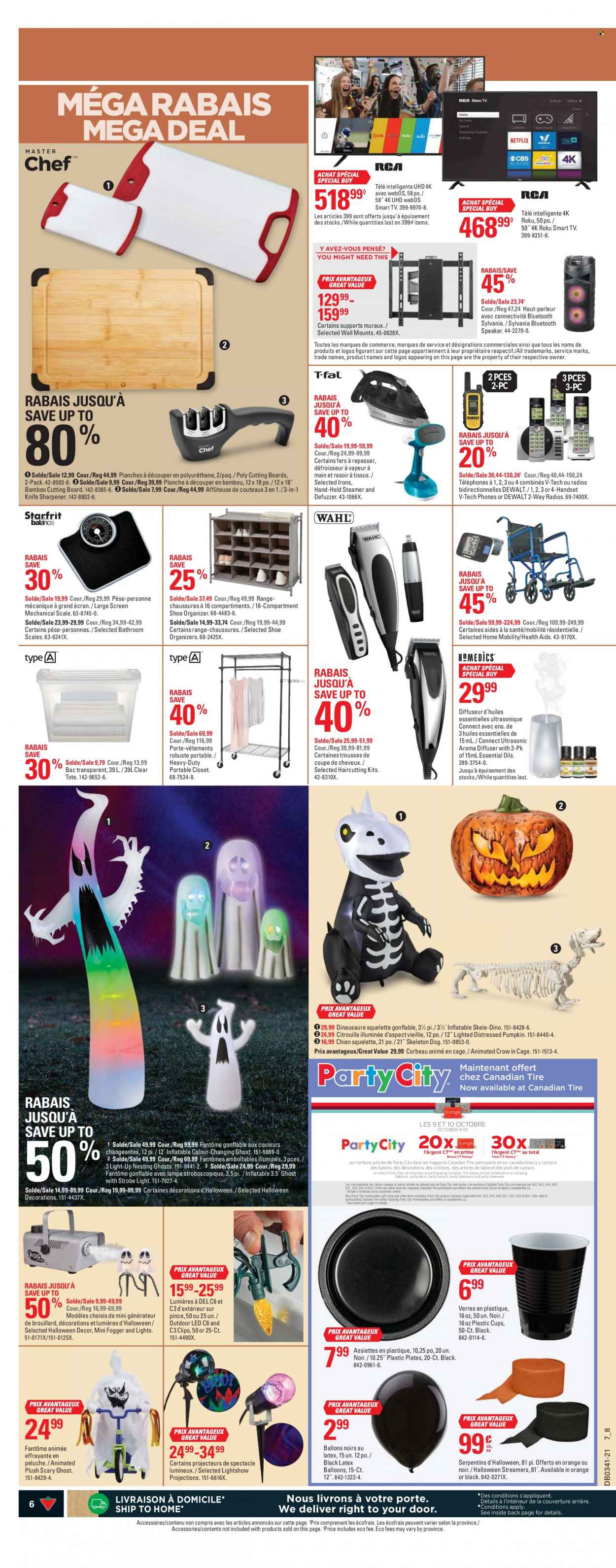thumbnail - Canadian Tire Flyer - October 07, 2021 - October 13, 2021 - Sales products - scale, cutting board, knife, sharpener, plate, cup, knife sharpener, deco strips, balloons, diffuser, essential oils, plastic plate, Sylvania, cage, closet system, tote, Halloween, DeWALT, fogger, smart tv. Page 6.