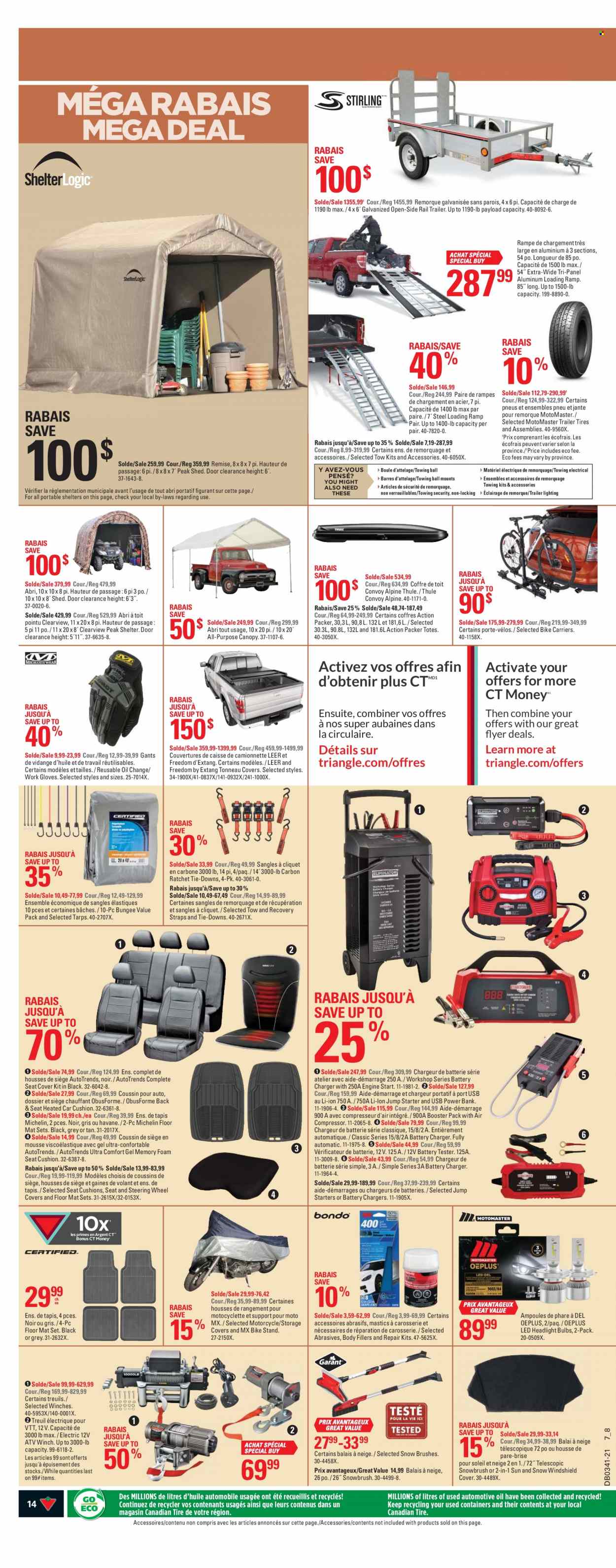 thumbnail - Canadian Tire Flyer - October 07, 2021 - October 13, 2021 - Sales products - battery charger, bulb, cushion, Stirling, tote, tarps, motorcycle, Thule, air compressor, work gloves, shed, car seat cover, car floor mats, starter, trailer lighting, tires, wheel covers, Michelin. Page 14.