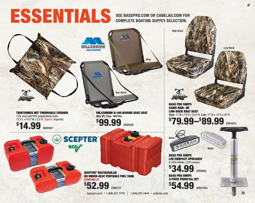 thumbnail - Bass Pro Shops Flyer - Sales products - cushion, boat seat, Bass Pro, tank. Page 39.