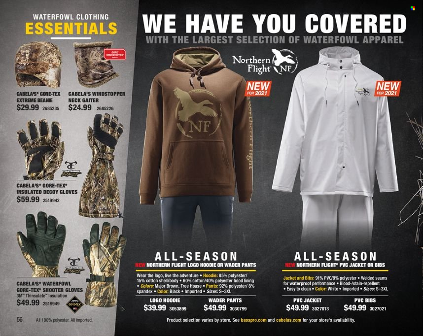 thumbnail - Bass Pro Shops Flyer - Sales products - jacket, pants, hoodie, beanie, gloves. Page 56.