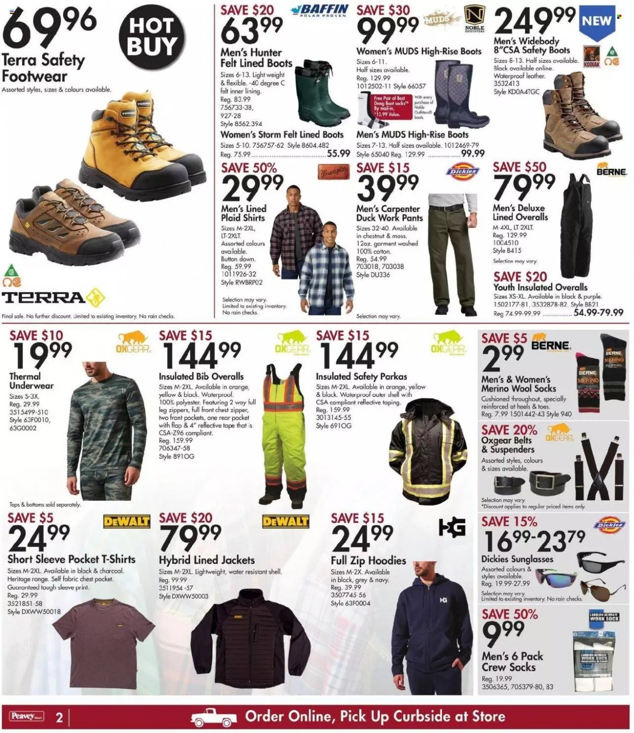 thumbnail - Peavey Mart Flyer - October 07, 2021 - October 14, 2021 - Sales products - hoodie, jacket, pants, t-shirt, tops, socks, wool socks, Hunter, sunglasses, underwear, boots, DeWALT, Dickies, Shell, parka. Page 3.