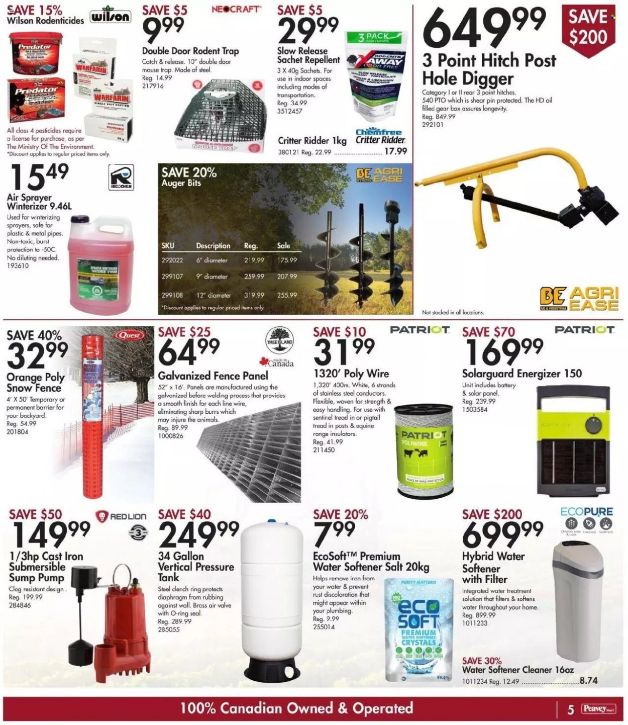 thumbnail - Peavey Mart Flyer - October 07, 2021 - October 14, 2021 - Sales products - mouse trap, Sharp, pin, mouse, tank, Wilson, solar panel, water softener, pump, sprayer, fence panel, cleaner, Energizer. Page 6.