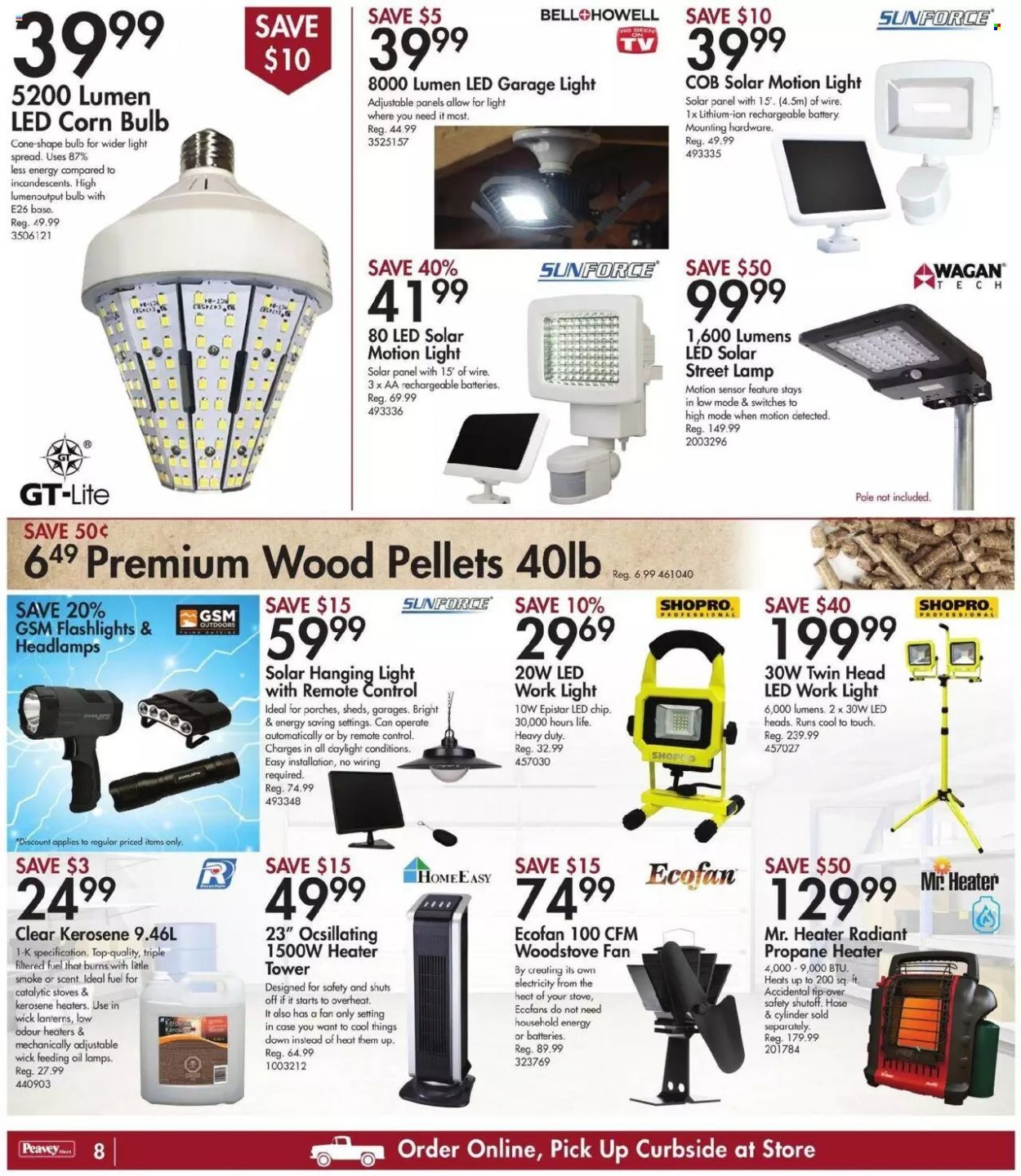 thumbnail - Peavey Mart Flyer - October 07, 2021 - October 14, 2021 - Sales products - bulb, rechargeable battery, lamp, work light, heater, solar panel, headlamp. Page 9.