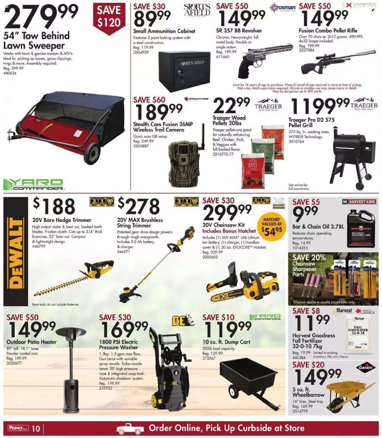 thumbnail - Peavey Mart Flyer - October 07, 2021 - October 14, 2021 - Sales products - sharpener, tank, DeWALT, chain saw, string trimmer, hedge trimmer, wheelbarrow, cabinet, electric pressure washer, pressure washer, grill, pellet grill, fertilizer, tires. Page 11.