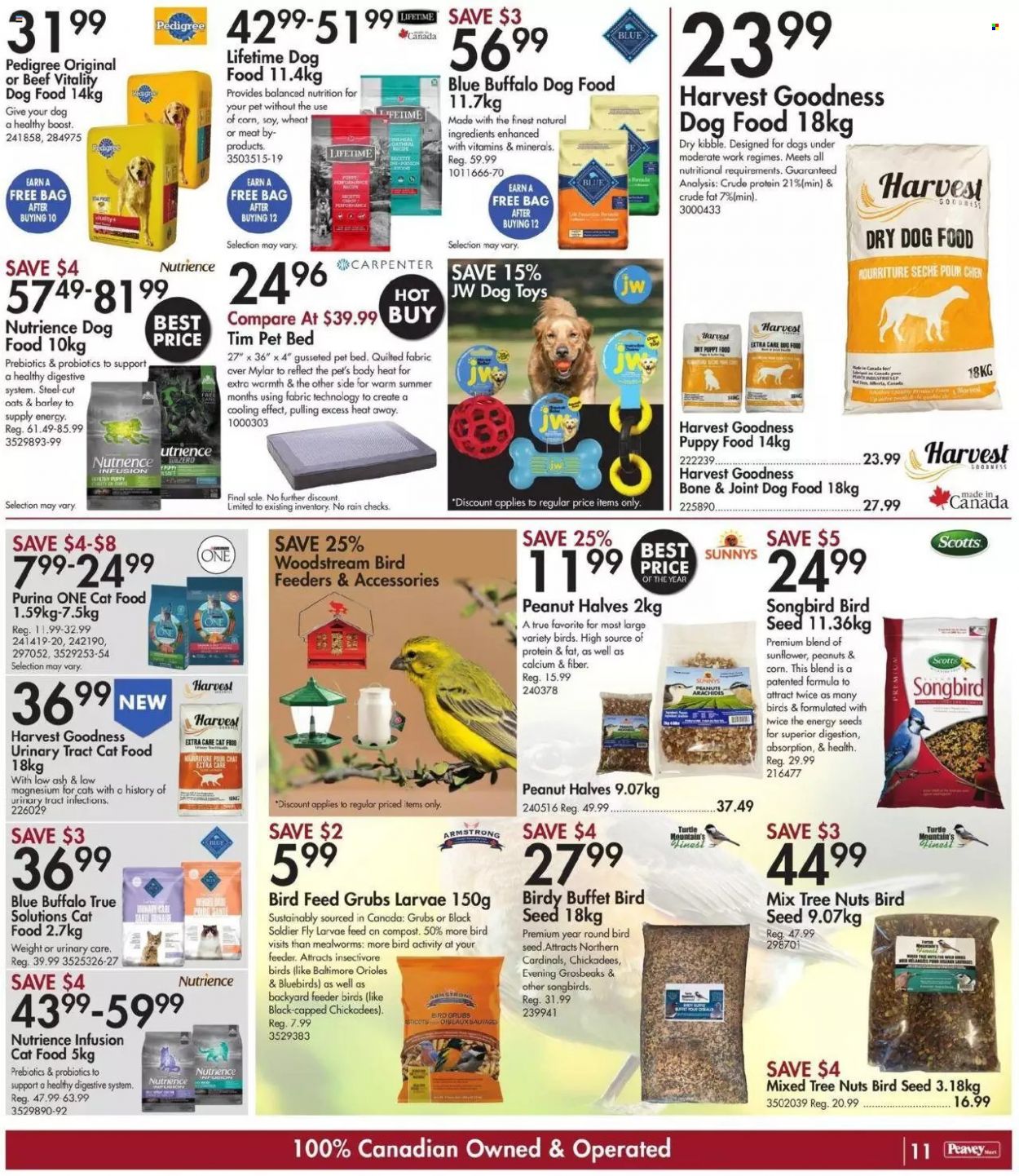 thumbnail - Peavey Mart Flyer - October 07, 2021 - October 14, 2021 - Sales products - feeder, pet bed, dog toy, bird feeder, animal food, bird food, Blue Buffalo, cat food, dog food, Purina, plant seeds, Pedigree, dry dog food, mealworms, sunflower, compost. Page 12.