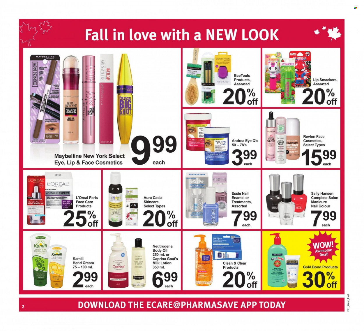 thumbnail - Pharmasave Flyer - October 08, 2021 - October 14, 2021 - Sales products - milk, rosé wine, tampons, L’Oréal, serum, Clean & Clear, Revlon, body lotion, body oil, hand cream, manicure, nail enamel, corrector, makeup remover, eraser, calcium, Maybelline, Neutrogena, Sally Hansen. Page 2.