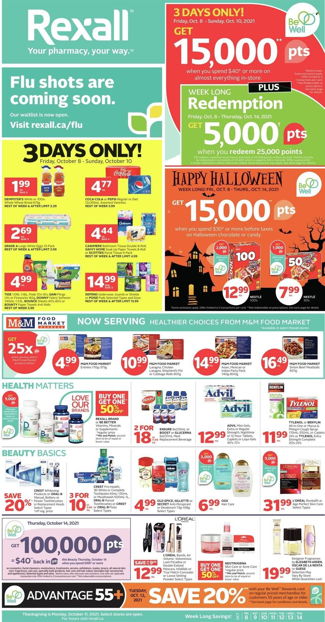 thumbnail - Rexall Flyer - October 08, 2021 - October 14, 2021 - Sales products - chocolate, Bounty, cabbage, spice, syrup, Coca-Cola, Pepsi, Boost, bath tissue, kitchen towels, paper towels, Gain, Tide, fabric softener, Bounce, Downy Laundry, toothpaste, mouthwash, Crest, L’Oréal, moisturizer, OGX, hair color, anti-perspirant, Guess, corrector, mascara, face powder, Tylenol, Glucerna, Advil Rapid, Benylin, Nestlé, Elizabeth Arden, Gillette, Neutrogena, Old Spice, Oral-B, M&M's, deodorant. Page 1.